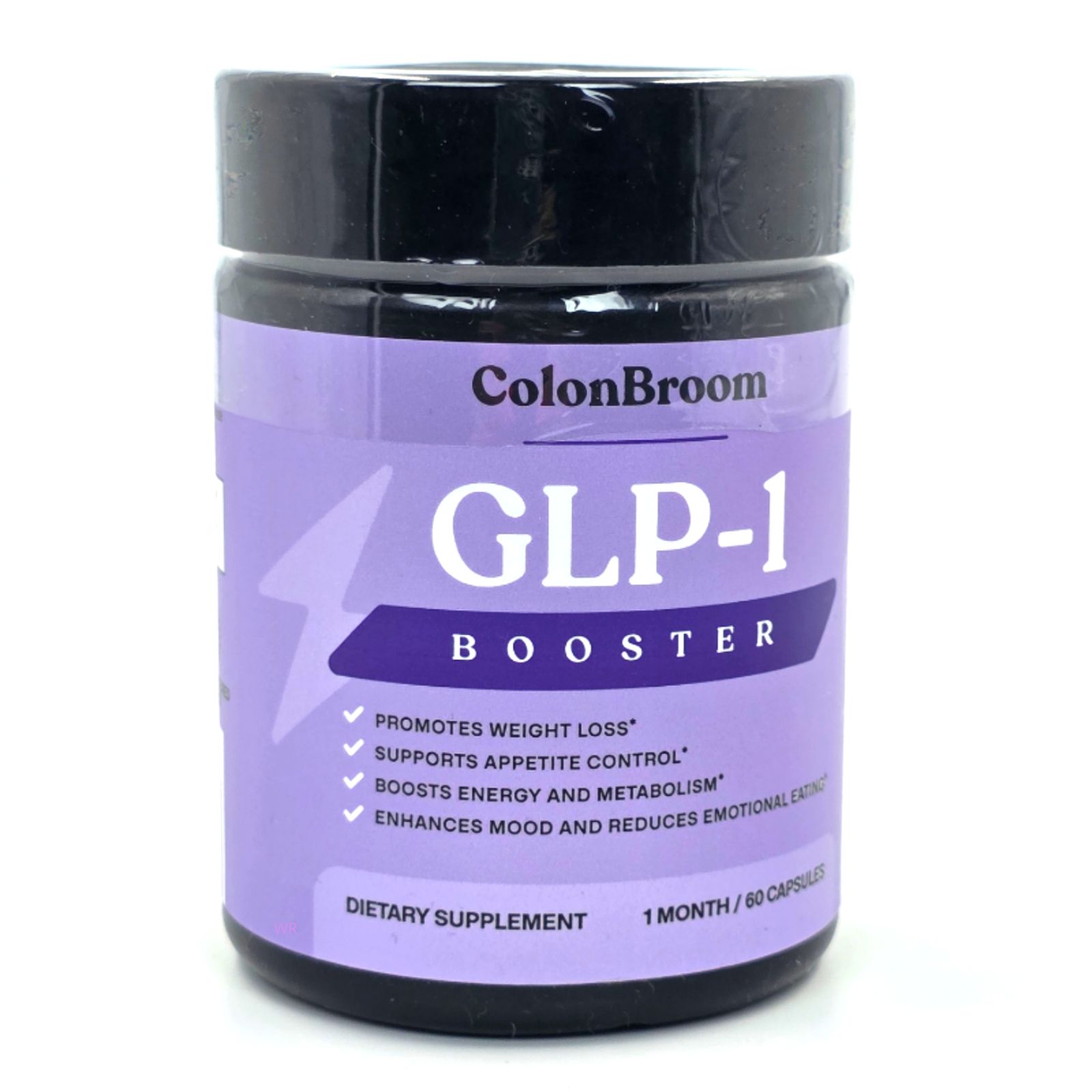 Zylindrische Dose mit lila Etikett. Aufschrift: ColonBroom, GLP-1 Booster. Enthält 60 Kapseln. Fördert Gewichtsverlust, Appetitkontrolle.