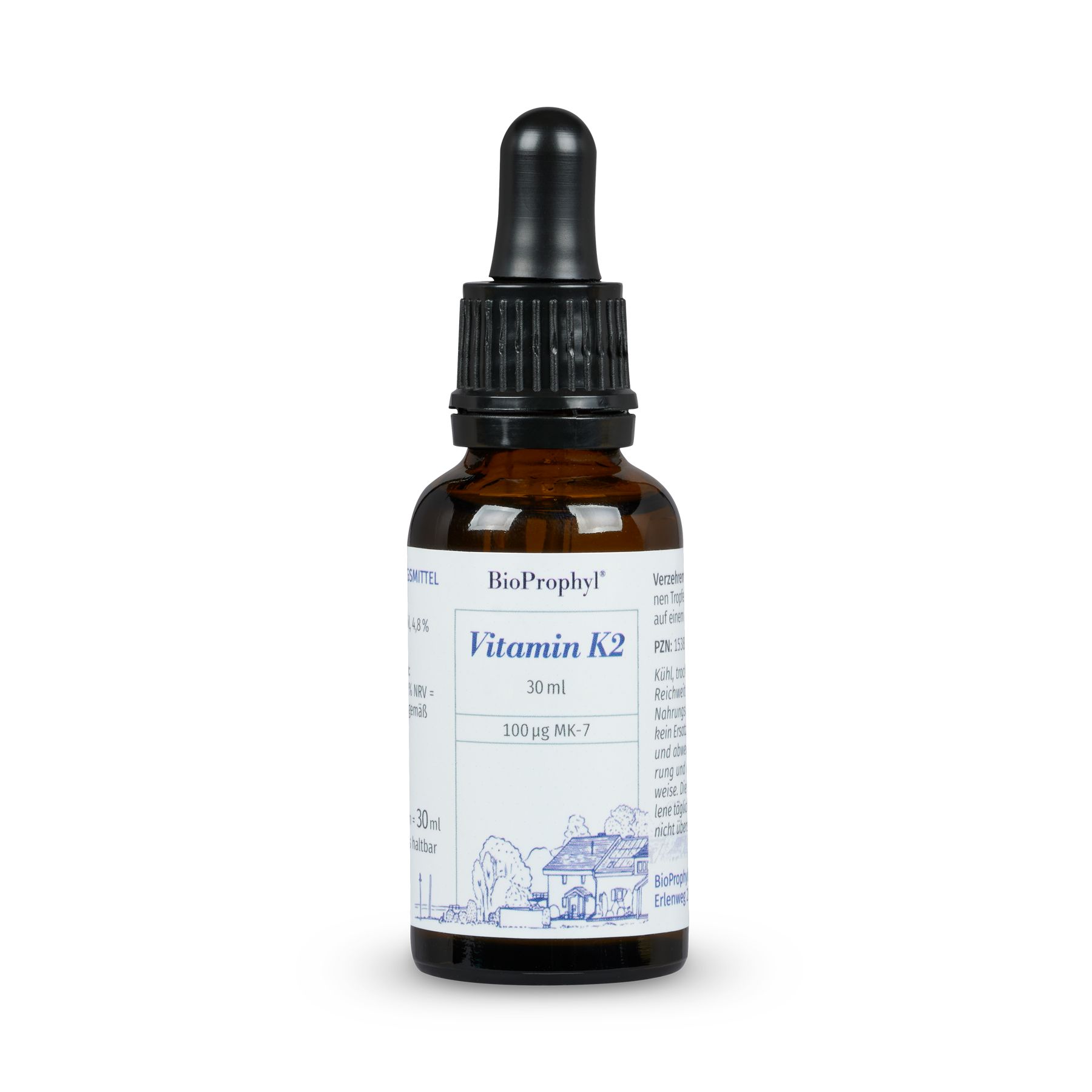 Braune Glasflasche mit schwarzem Tropfer. Etikett mit "Vitamin K2" und "BioProphyl".
