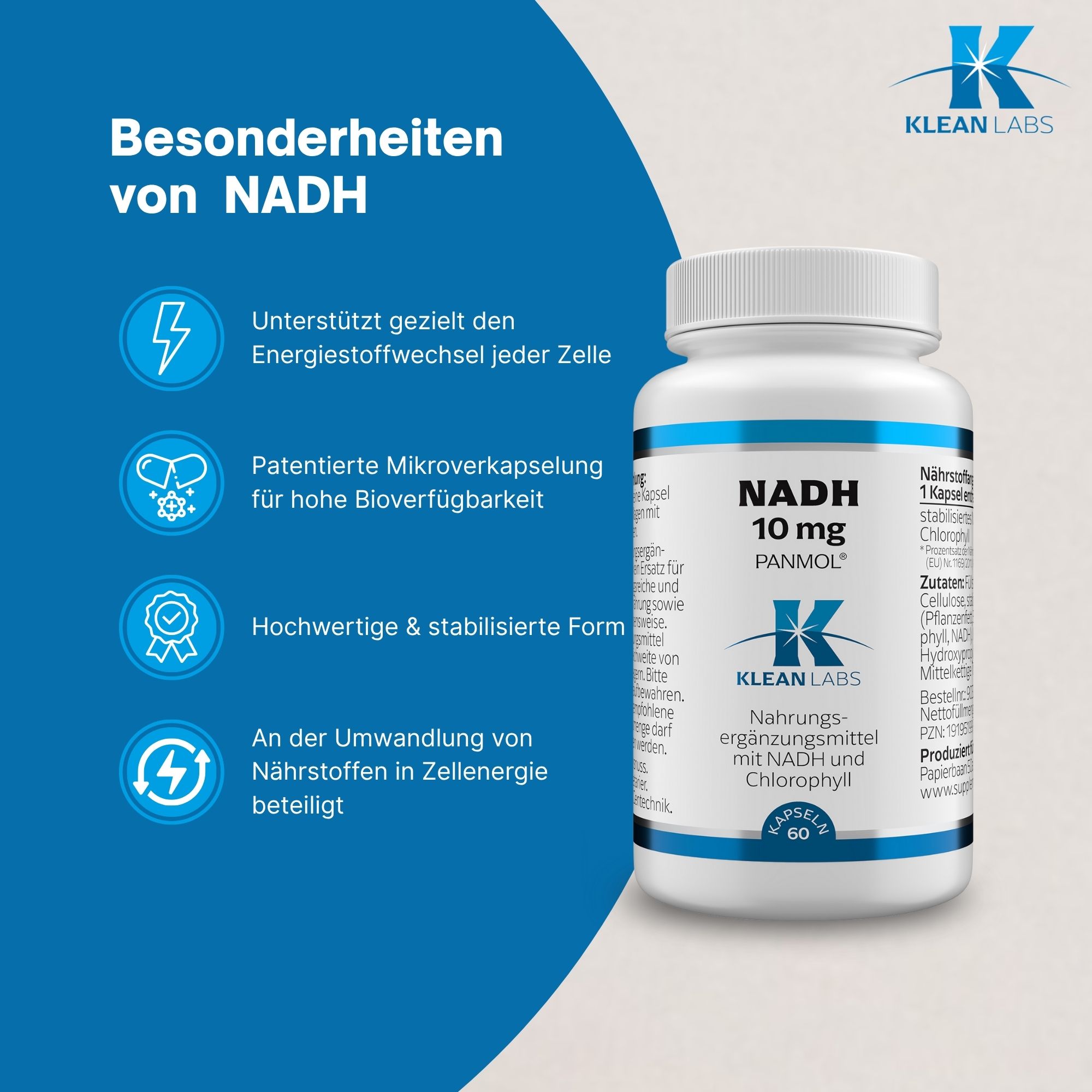 Blaue Infografik mit Text und Symbolen. Flasche mit NADH 10 mg PANMOL, Klean Labs.