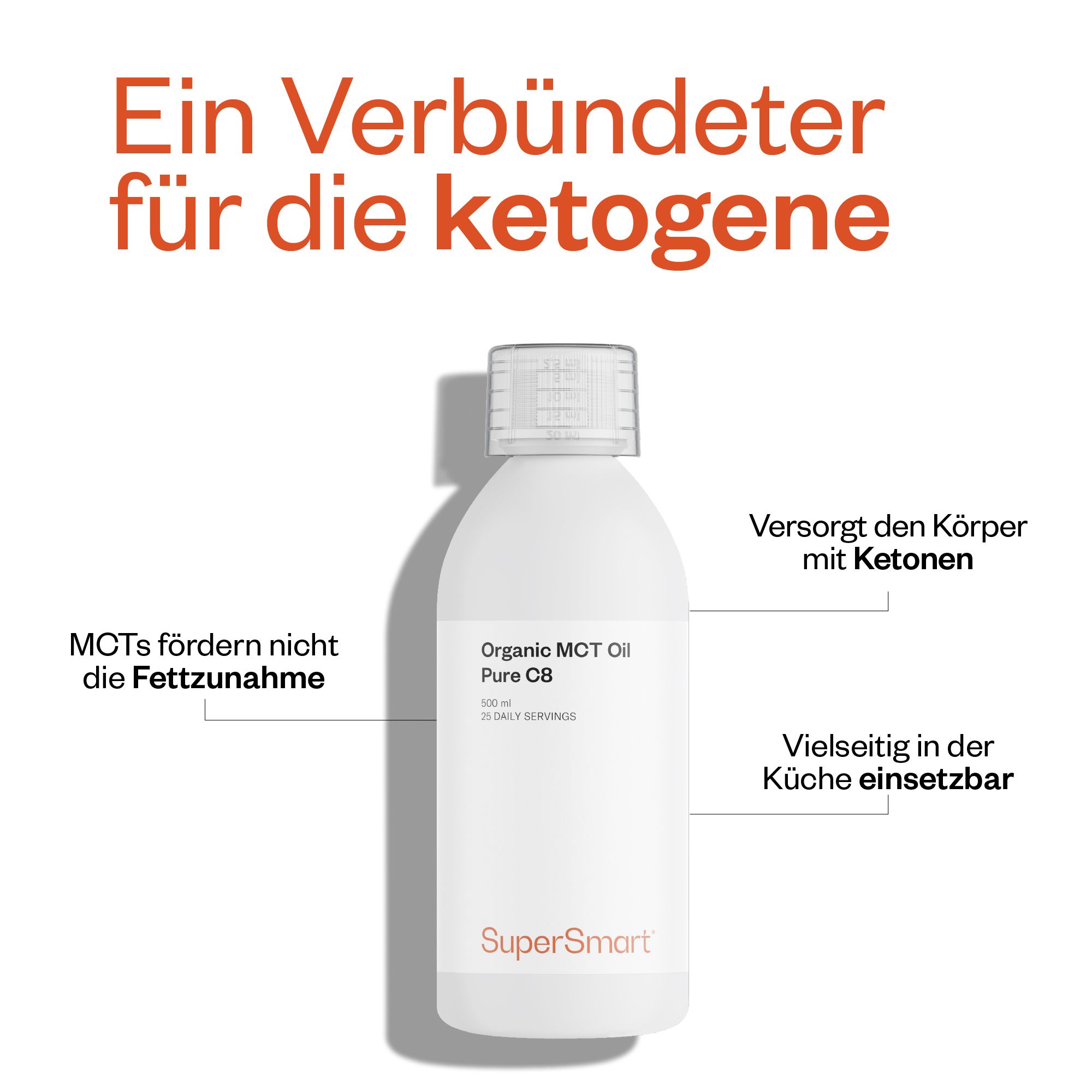 Weiße Flasche MCT-Öl Pur C8. Text: Versorgt den Körper mit Ketonen, vielseitig einsetzbar. Marke: SuperSmart.
