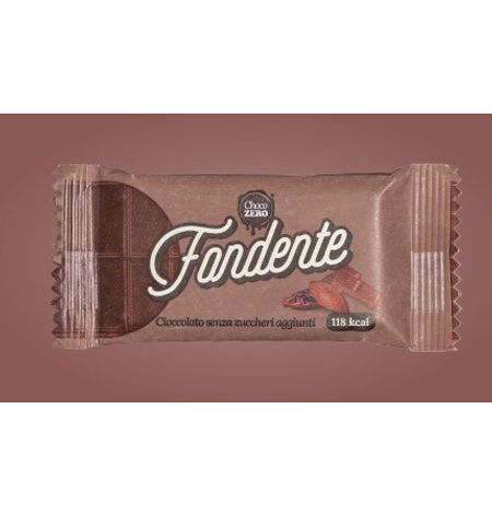 Barretta di cioccolato confezionata. Scritta "Fondente", "Cioccolato senza zuccheri aggiunti" e "118 kcal".