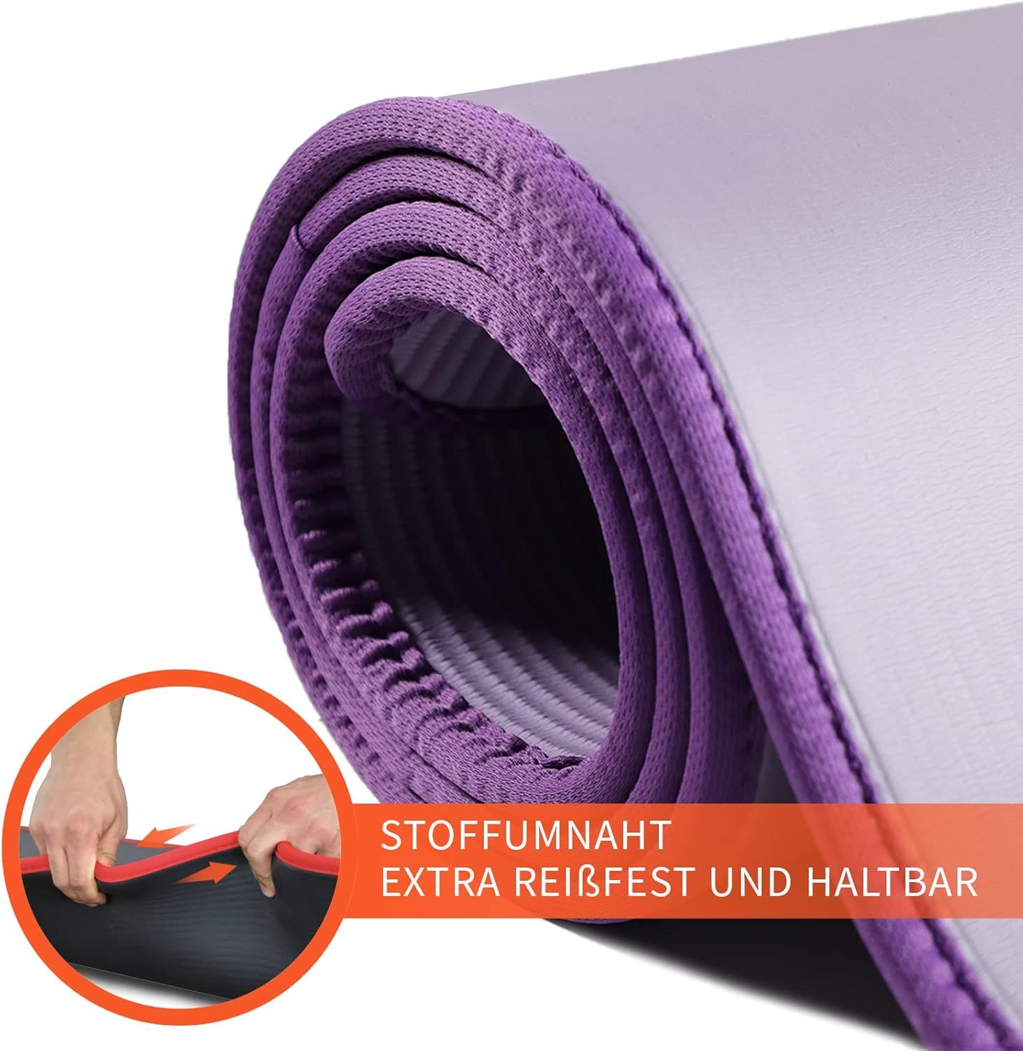 Gerollte lilafarbene Trainingsmatte mit Stoffumrandung. Text: EXTRA REISSFEST UND HALTBAR.