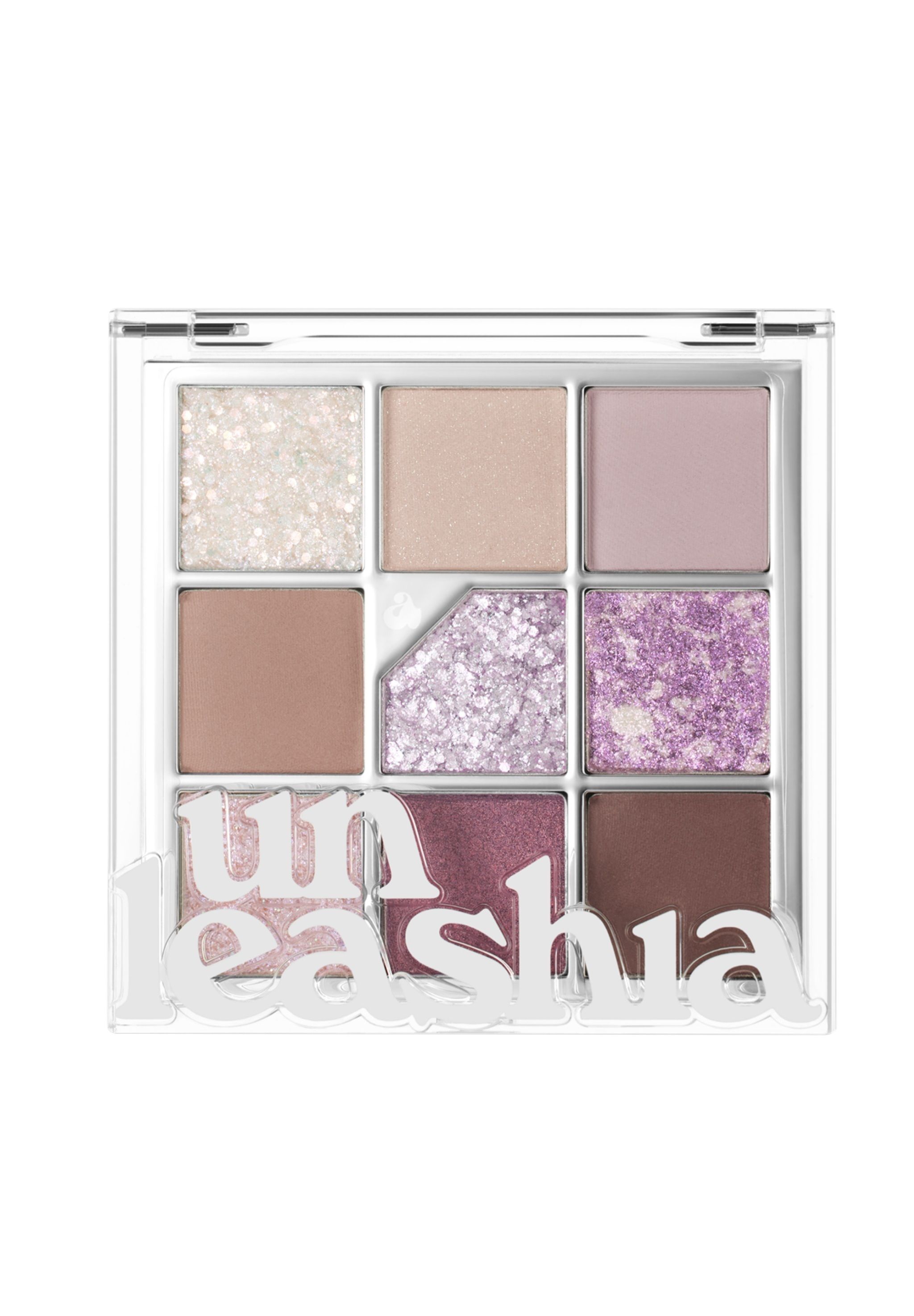 Quadratische Lidschatten-Palette mit neun Farben. Enthält 'unleashia' Schriftzug.