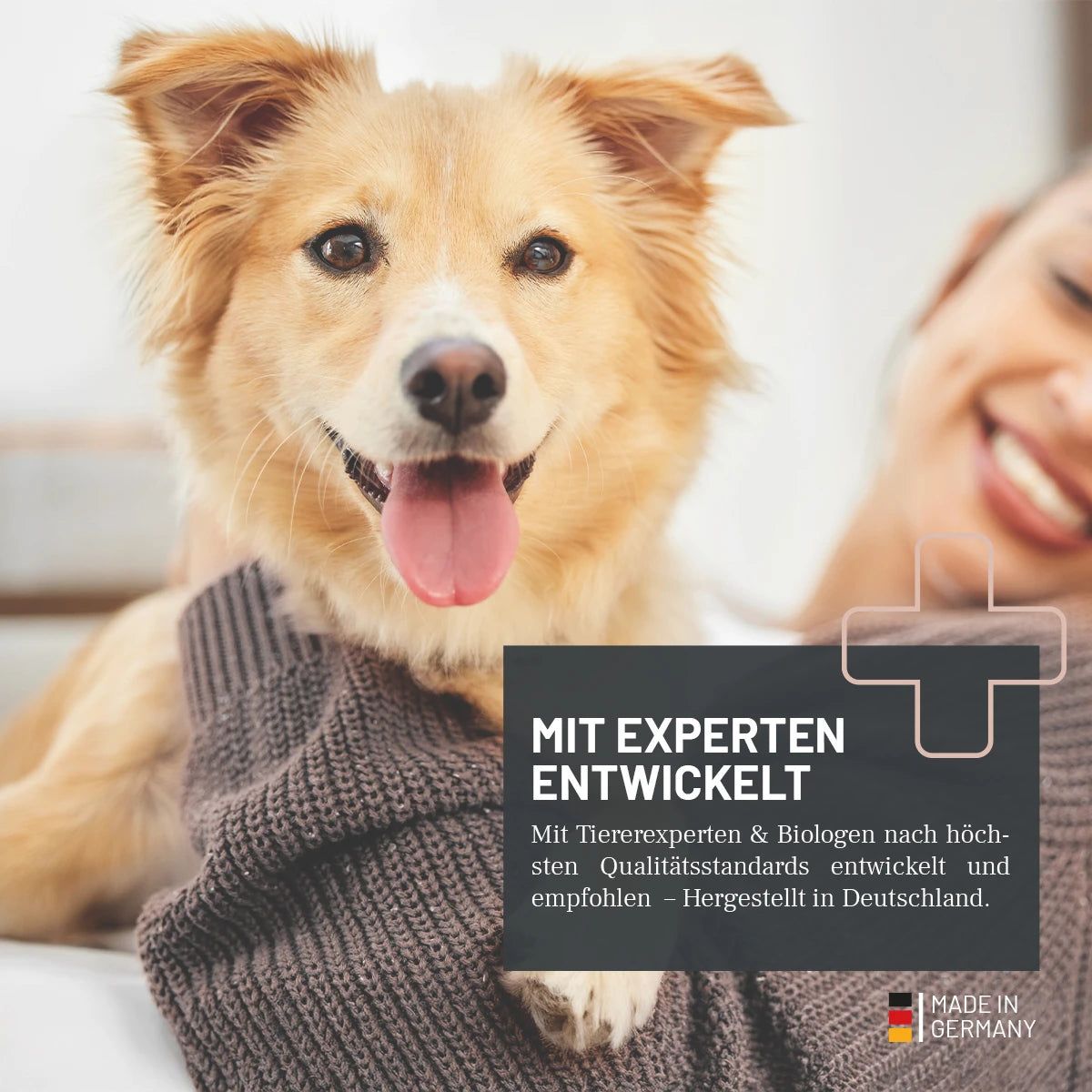 Hund und Frau, Text "Mit Experten entwickelt", Logo "Made in Germany".