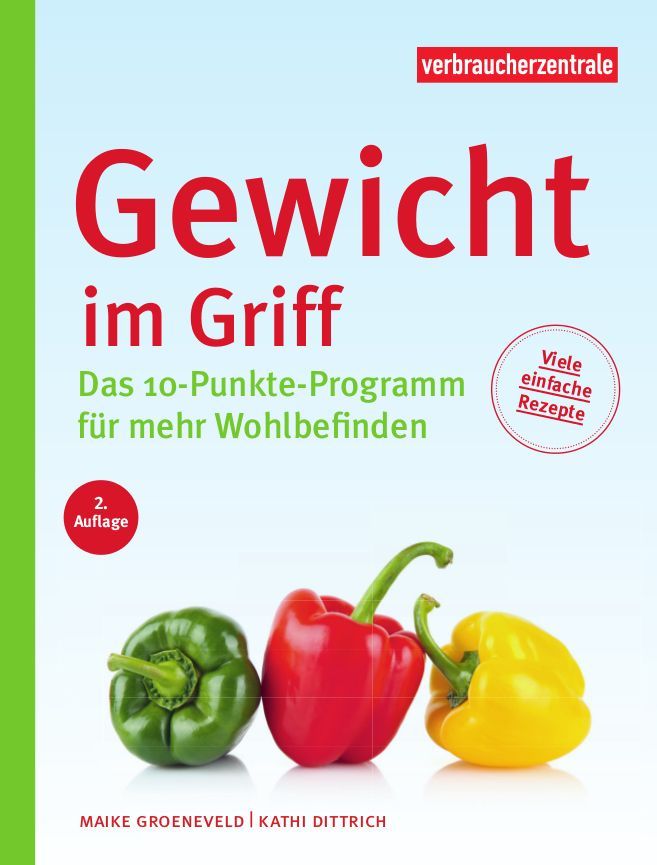 Buchcover mit Titel "Gewicht im Griff". Darunter Paprika in Grün, Rot und Gelb. Text: "Das 10-Punkte-Programm für mehr Wohlbefinden".