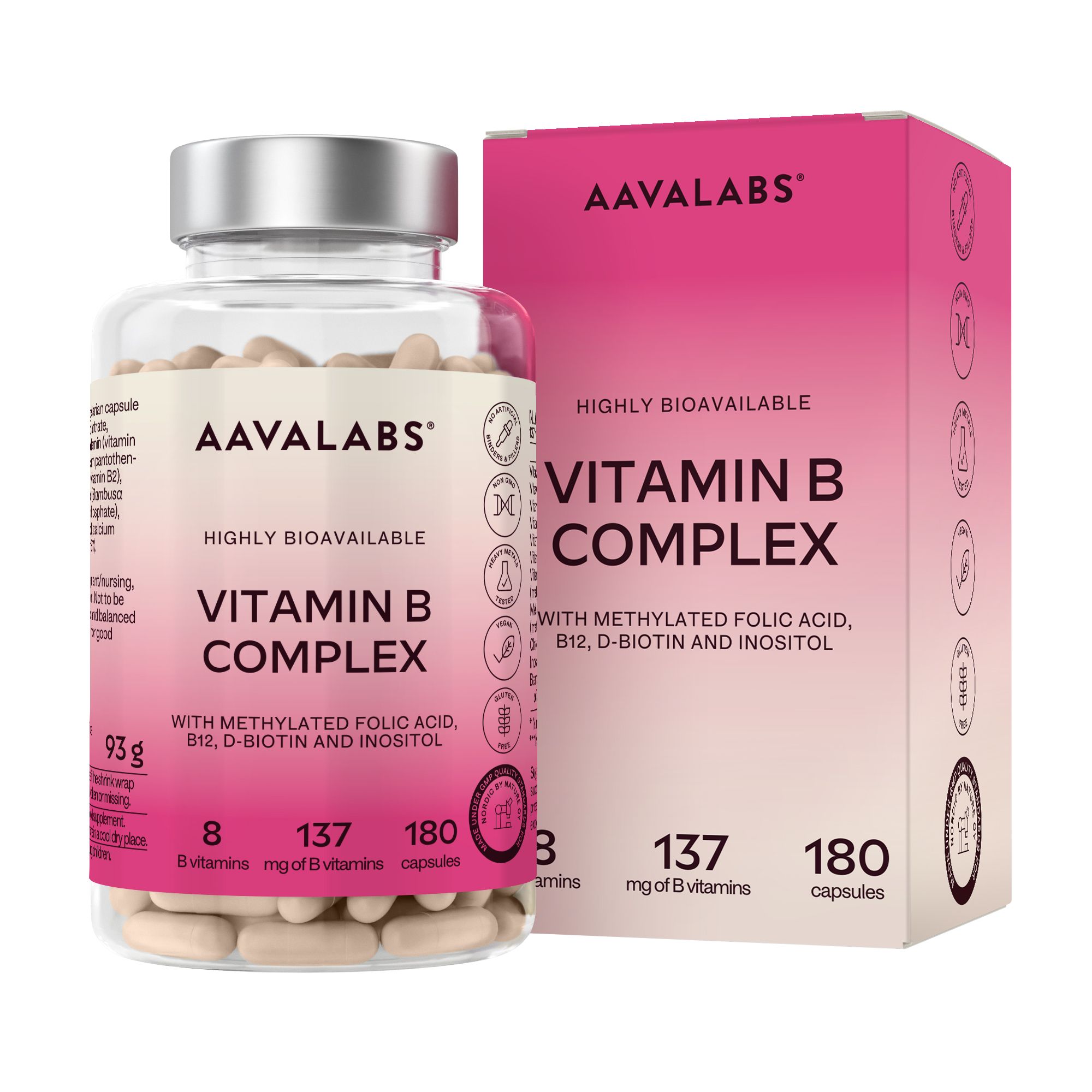 Flasche und Schachtel mit Kapseln. AAVALABS Vitamin B Komplex. 180 Kapseln. Rosa Hintergrund.
