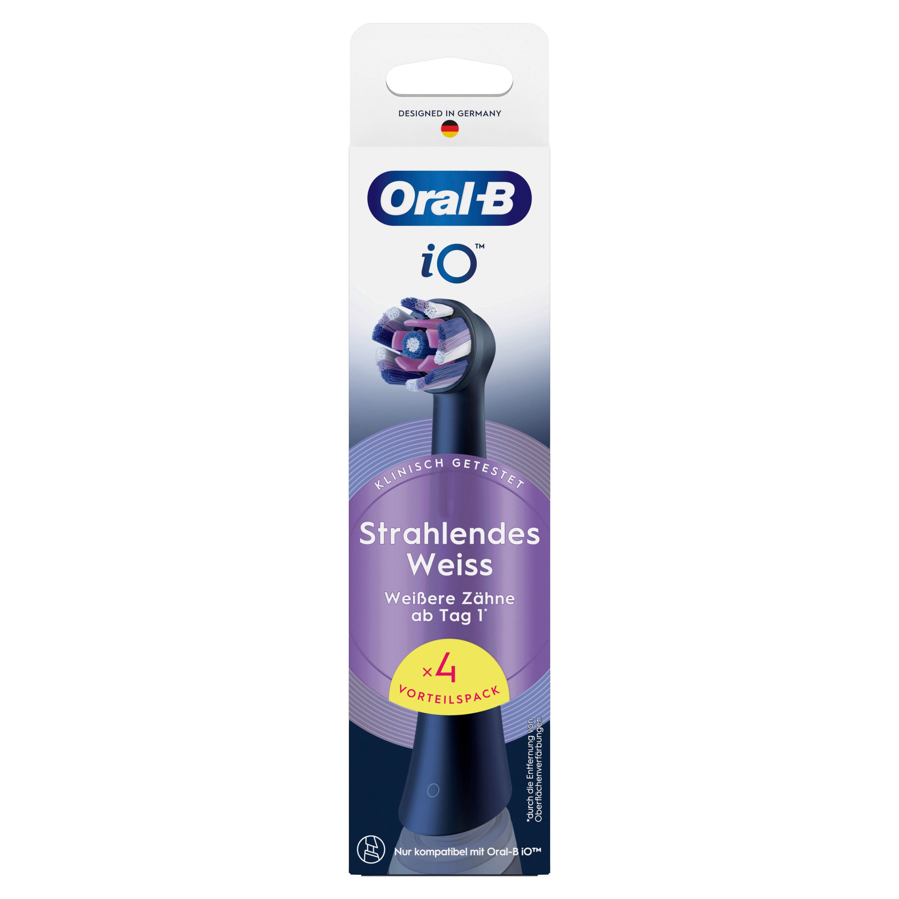 Oral-B iO "Strahlendes Weiss" Aufsteckbürsten. Verpackung mit 4 Stück. Schwarze Bürstenköpfe mit lila und weißen Borsten.