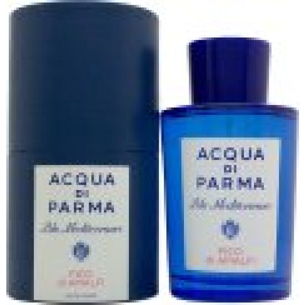 Blaue Flasche und Verpackung. 'Acqua di Parma' und 'Fico di Amalfi' auf Etiketten.