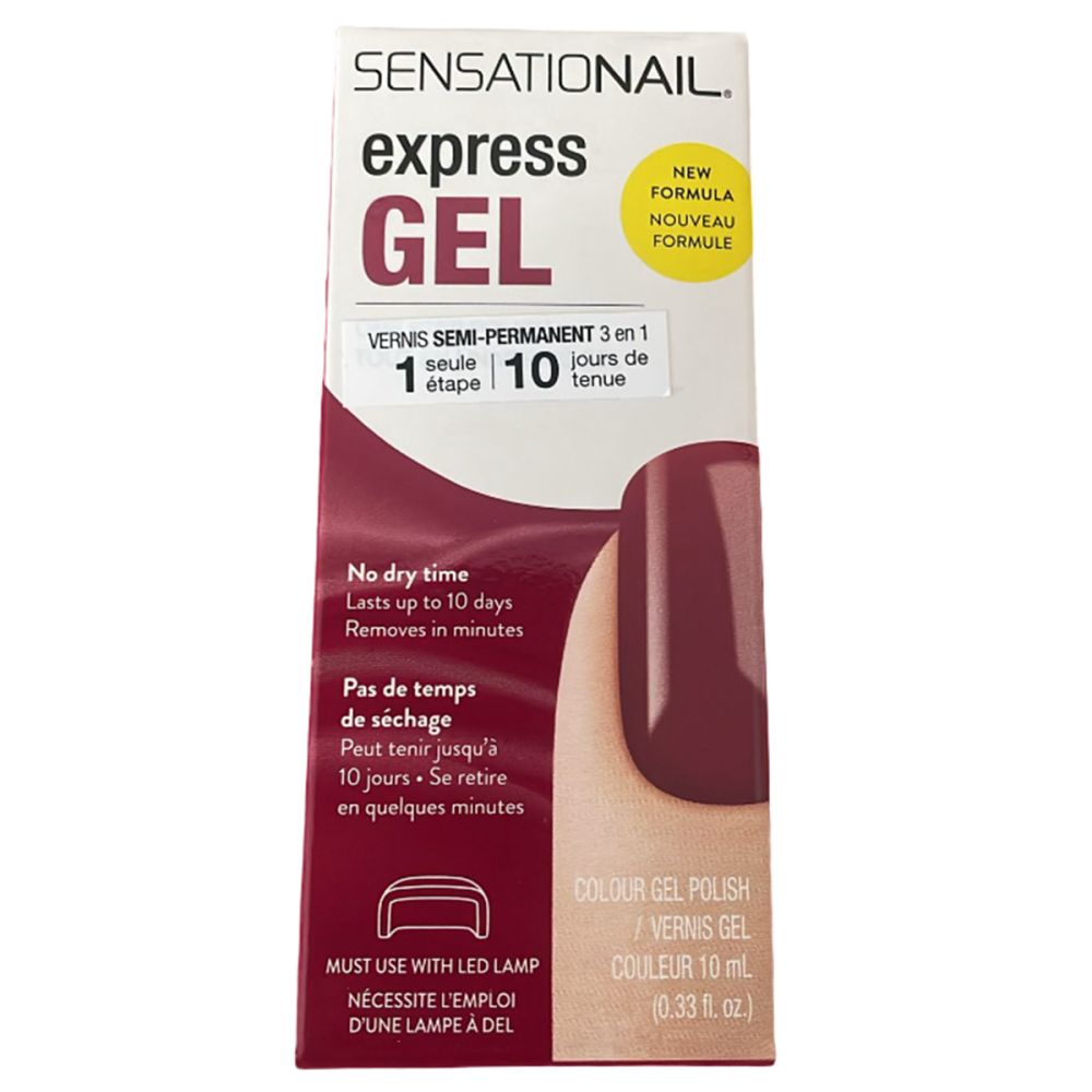 Sensationail Express-Gel-Nagellack. Verpackung mit Produktabbildung. Farbton: Dunkelrot. Text: '10 Tage Halt'. Benötigt LED-Lampe.