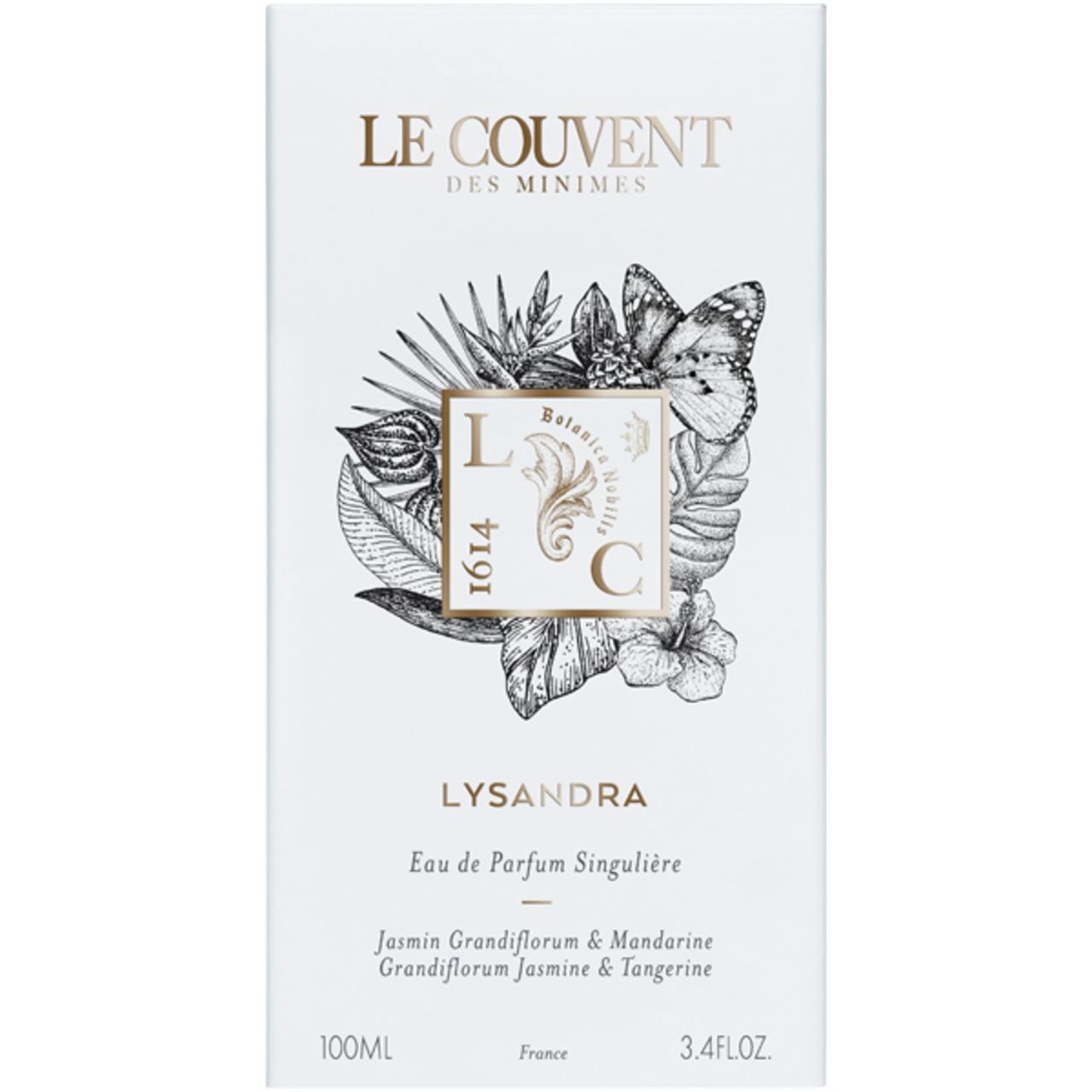 Weiße Verpackung mit Aufdruck. Aufschrift: LE COUVENT DES MINIMES, LYSANDRA, 1614, Eau de Parfum Singulière.