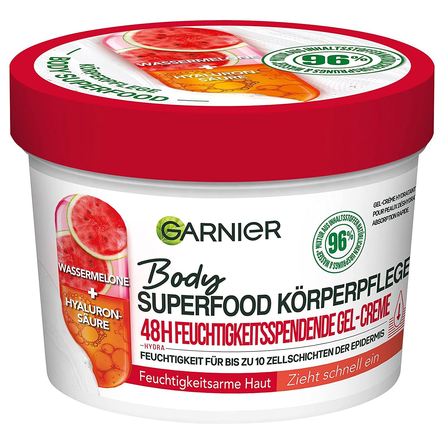 Weißer Tiegel mit rotem Deckel. Aufschrift: Garnier Body Superfood Körperpflege. Wassermelone und Hyaluronsäure.