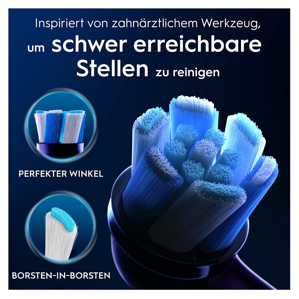 Oral-B iO Bürstenkopf mit Borsten-in-Borsten-Technologie für schwer erreichbare Stellen.