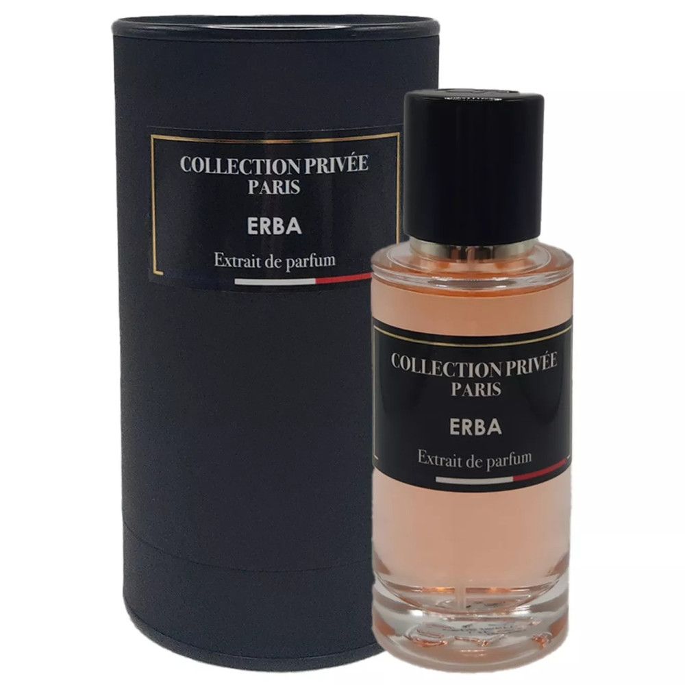 Parfümflasche und zylindrische Verpackung. Schwarze Etiketten mit goldener Schrift: Collection Privée Paris, Erba, Extrait de parfum.