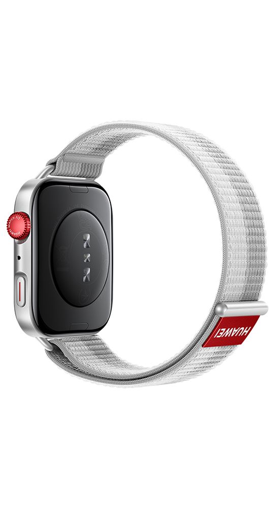 Rückseite der Smartwatch. Silbernes Gehäuse, graues Stoffarmband. Rotes Detail mit HUAWEI-Logo. Schwarze Sensoren.