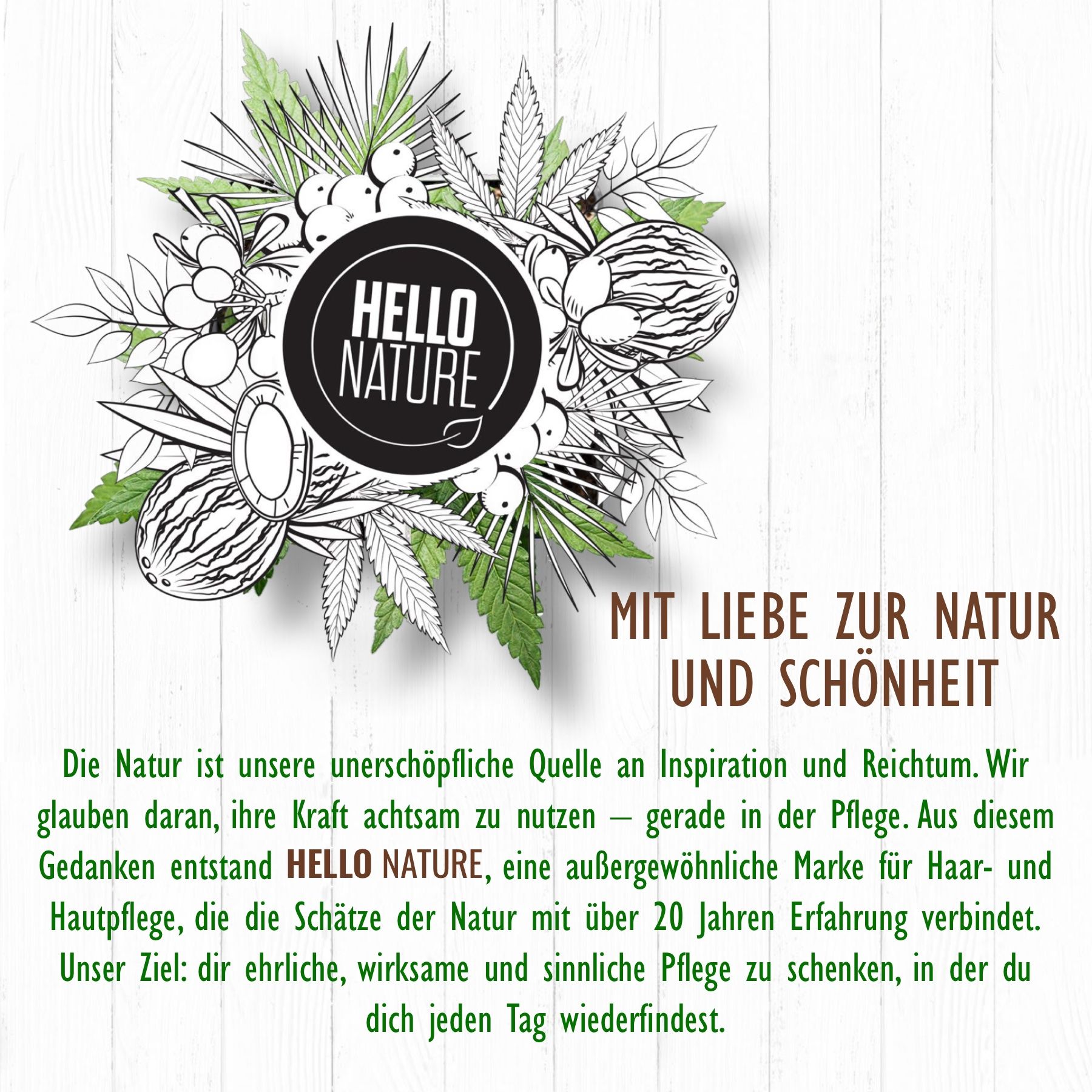 Kreis mit Hello Nature Text. Umgeben von Blättern und Kokosnuss-Zeichnungen. Text: Mit Liebe zur Natur und Schönheit.