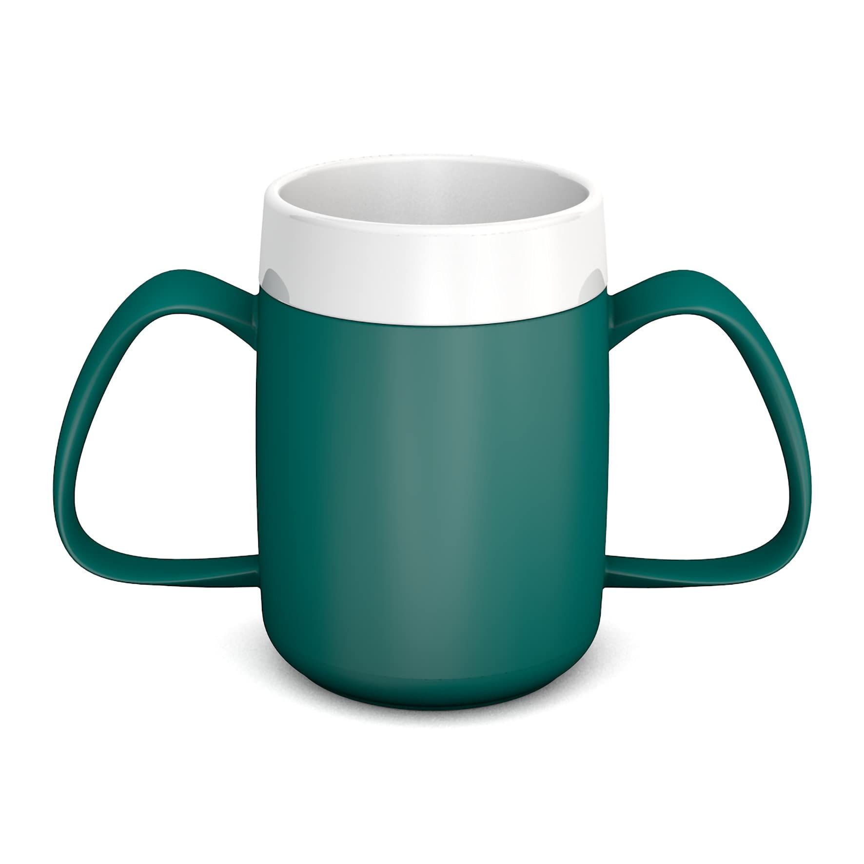 Becher mit zwei Henkeln, grün und weiß. Mit Trink-Trick und Schnabelaufsatz.