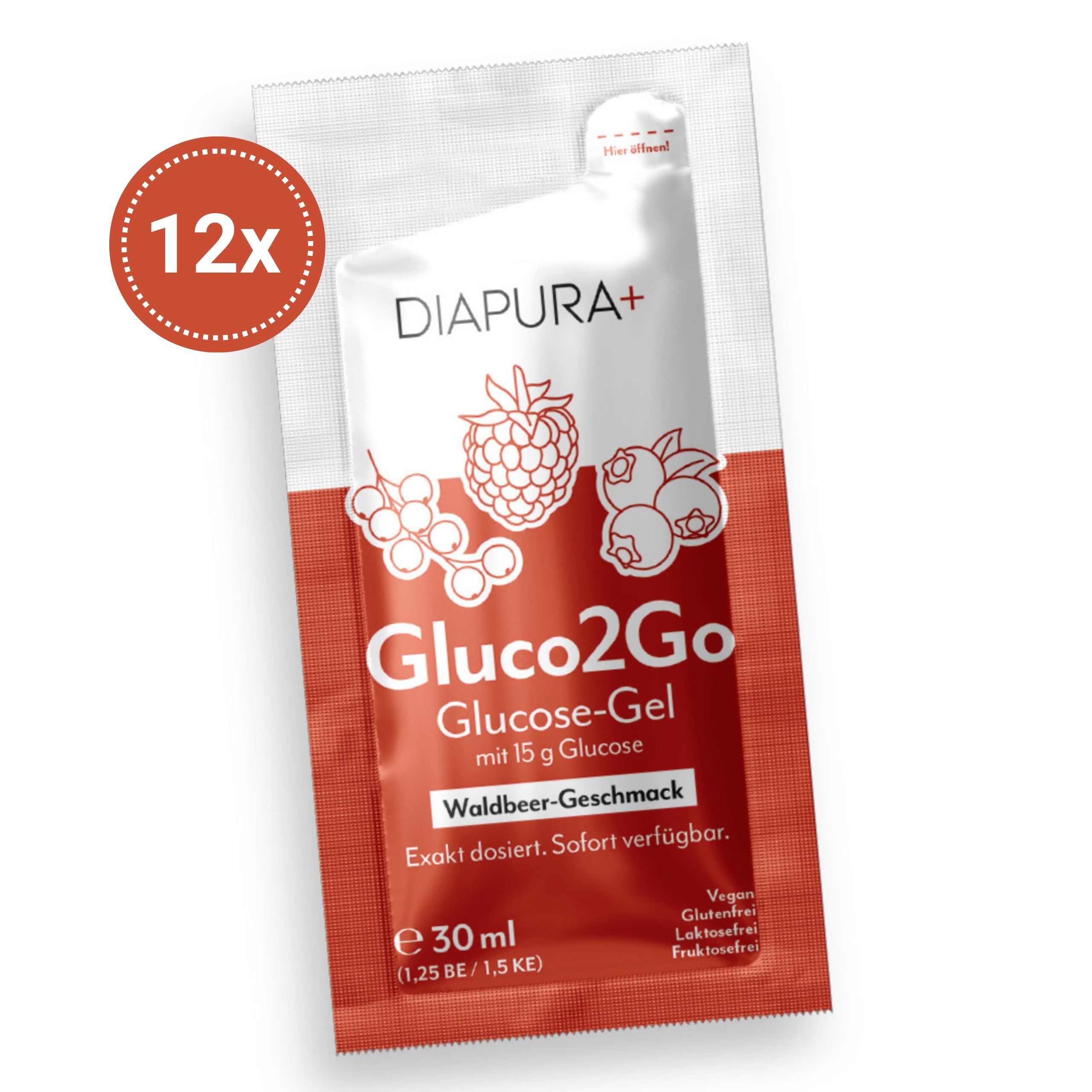 Verpackung von DIAPURA+ Gluco2Go Glucose-Gel. 12 Beutel. Waldbeer-Geschmack. 15g Glucose. Vegan, glutenfrei, laktosefrei, fruktosefrei.