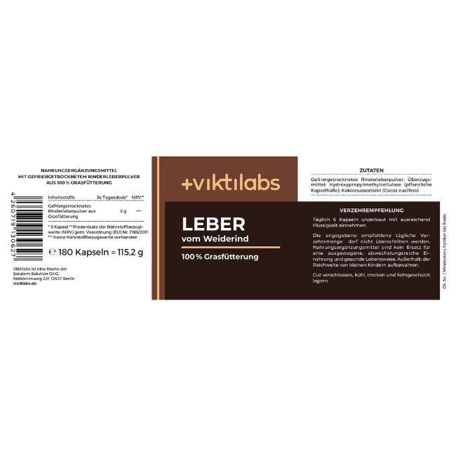Etikett mit Produktinformationen. Aufschrift: +viktilabs LEBER vom Weiderind. 100% Grasfütterung. 180 Kapseln.