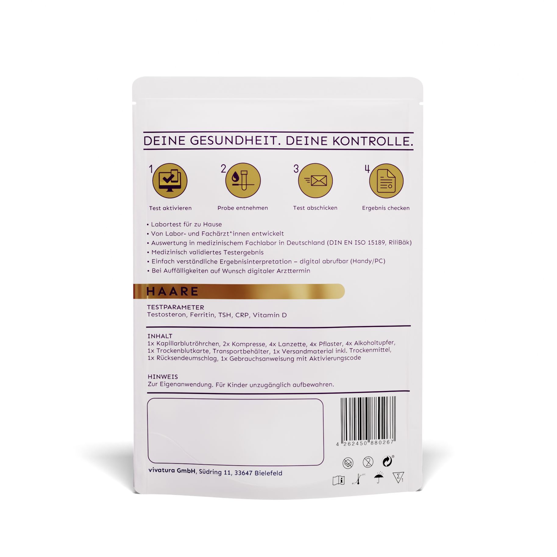 Rückseite der Verpackung mit Text: "DEINE GESUNDHEIT, DEINE KONTROLLE". Enthält Informationen zum Test.