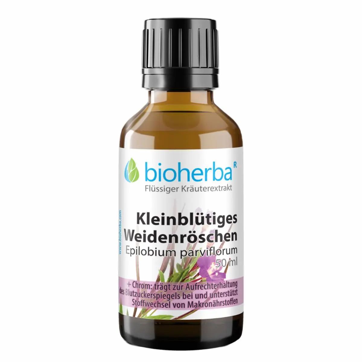 Braune Glasflasche mit schwarzem Deckel. Etikett mit Produktnamen und Logo. Flüssiger Kräuterextrakt.