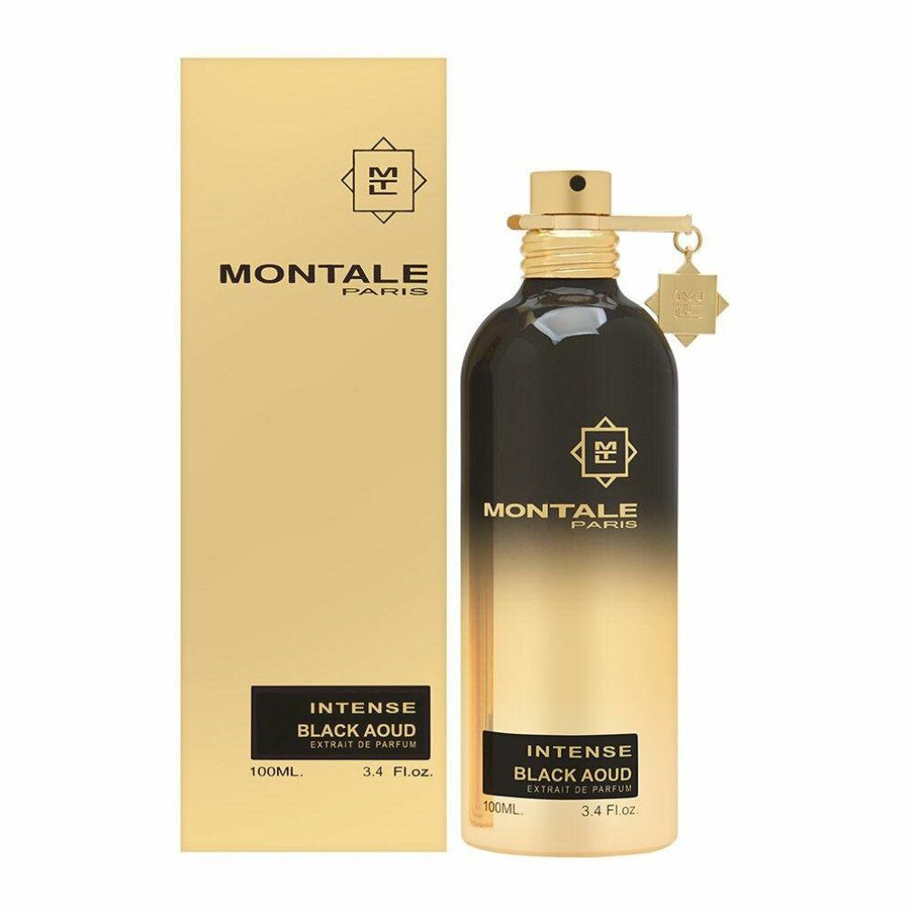 Goldfarbene Schachtel und Flakon. Schwarzer Flakon mit goldfarbenem Farbverlauf. Aufschrift: Montale Paris, Intense Black Aoud.