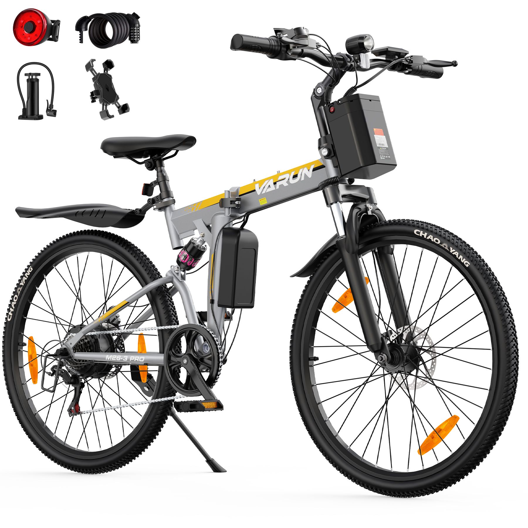 Faltbares E-Bike, grau-gelb. Schwarze Reifen, Sattel, Lenker. VARUN-Logo. Reifenmarke: CHAOYANG.