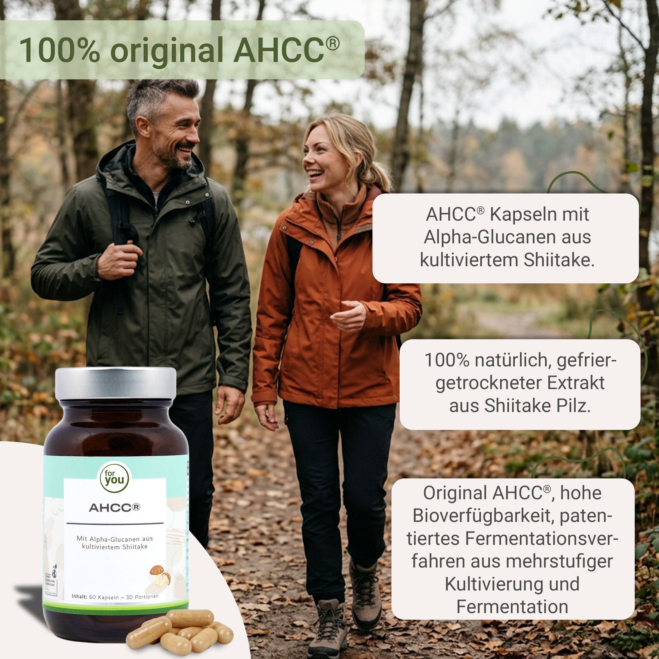 Paar in Wald spazierend, Flasche AHCC Kapseln daneben.