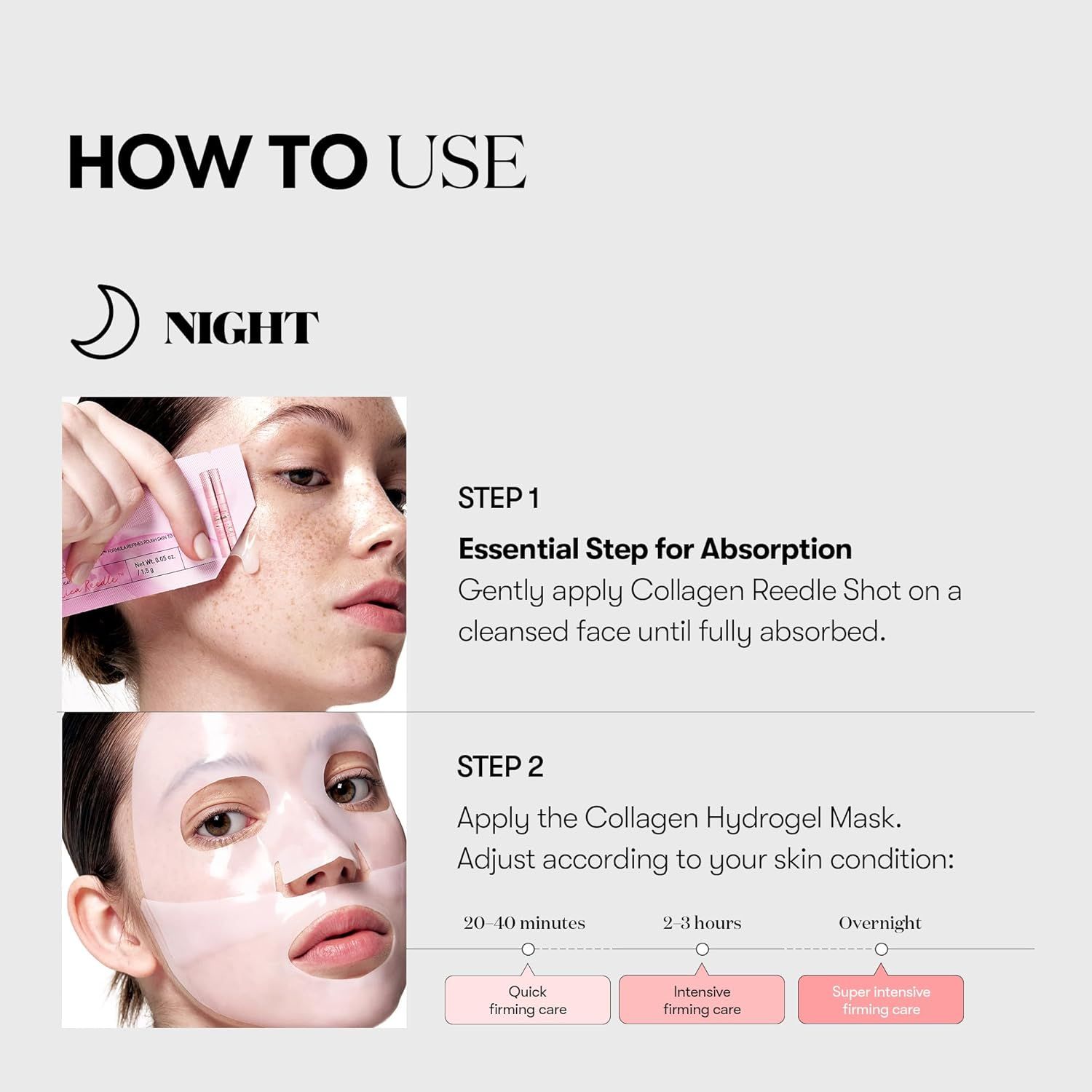 Anleitung zur Anwendung der Gesichtsmaske. Schritt 1: Auftragen. Schritt 2: Maske auftragen. Zeitangaben.
