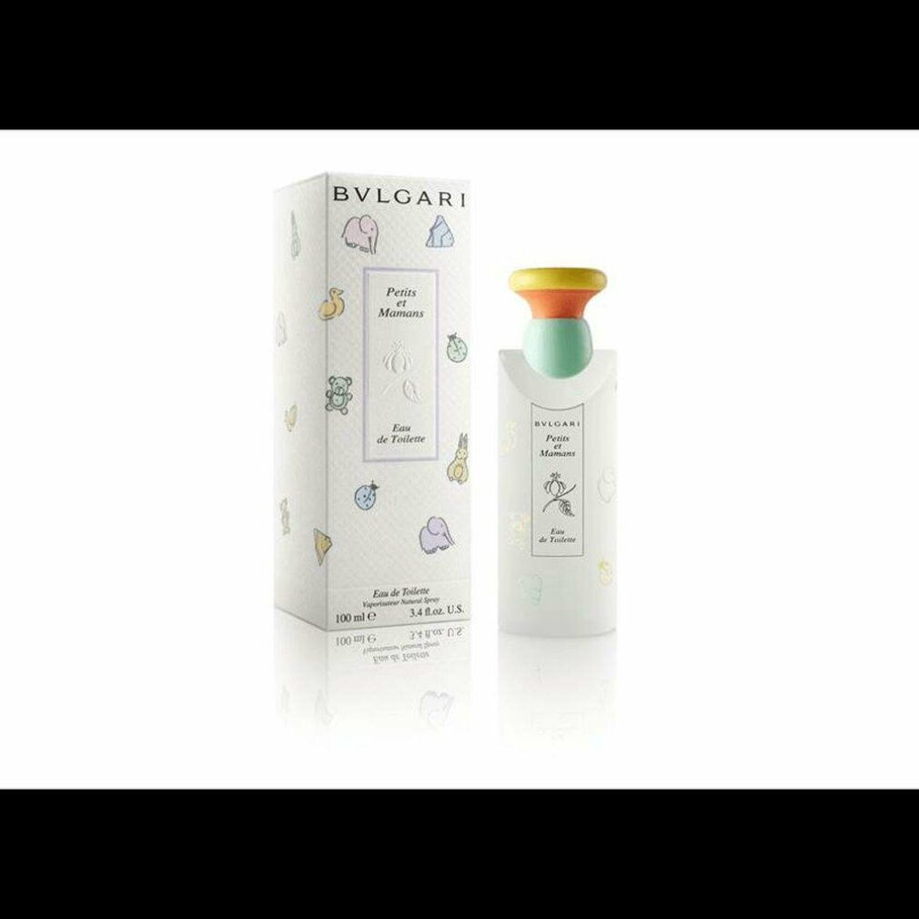 Bvlgari Petits et Mamans Eau de Toilette Spray. Flakon und Verpackung mit kindlichen Motiven. Gelber, grüner und oranger Verschluss.