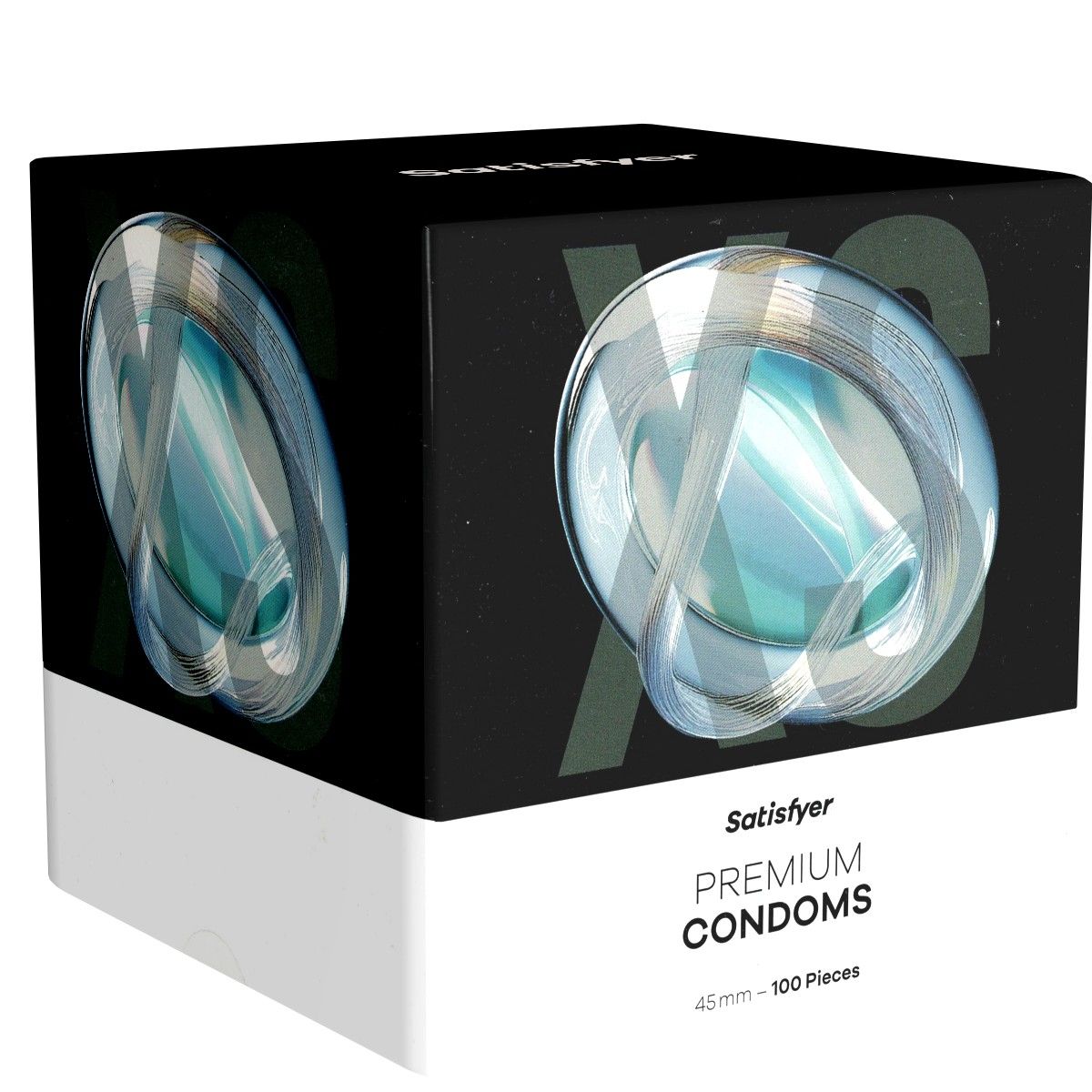 Verpackung von Satisfyer Premium Kondomen. Schwarzer Karton mit weißem Boden. Aufschrift: Premium Condoms, 45mm - 100 Pieces.
