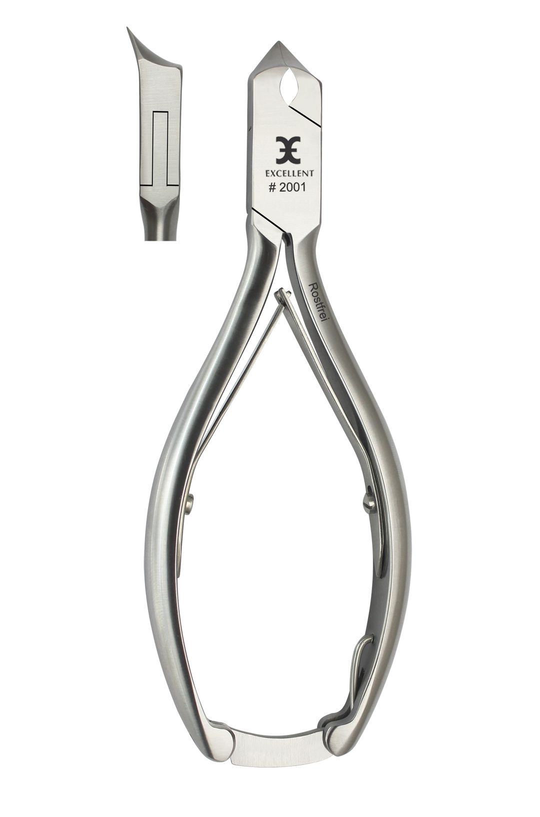 Kopfschneider aus Edelstahl. Gebogene Griffe, spitz zulaufende Schneide. Beschriftung: Excellent, #2001, Rostfrei. Einzelne abgetrennte Spitze.