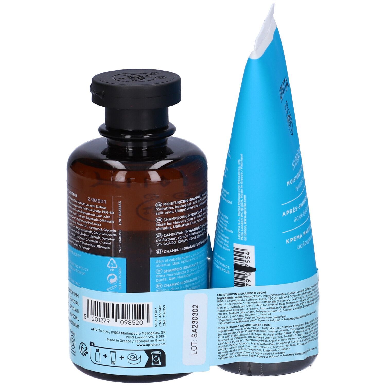 Set Apivita Hydration. Flacone marrone e tubo blu. Scritta: Hydration, Shampoo, Balsamo. Retro con testo.