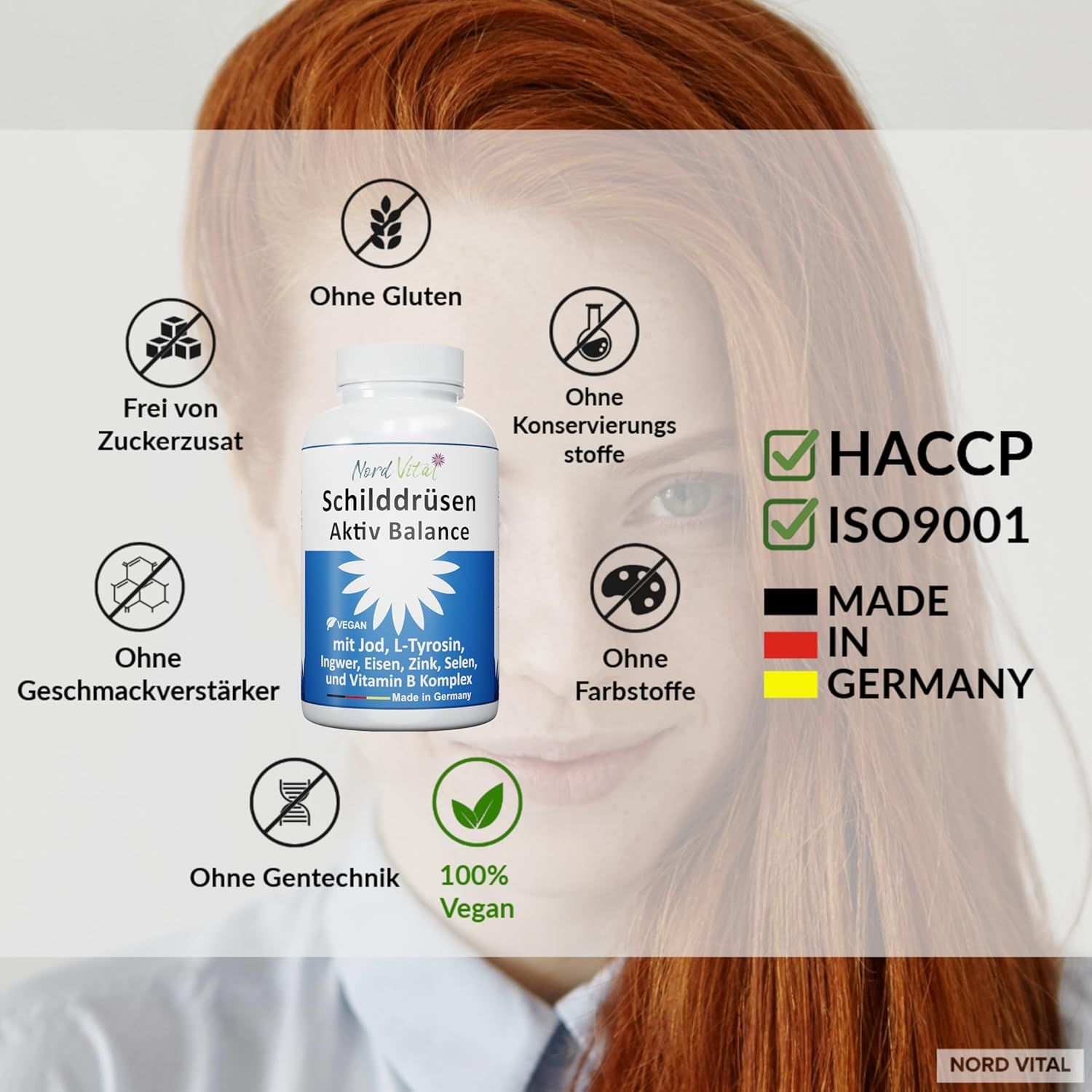 Nord Vital Schilddrüsen-Aktiv-Balance -13-in-1-Komplex mit Jod, L-Tyrosin, Ingwer, Selen, Eisen, uvm