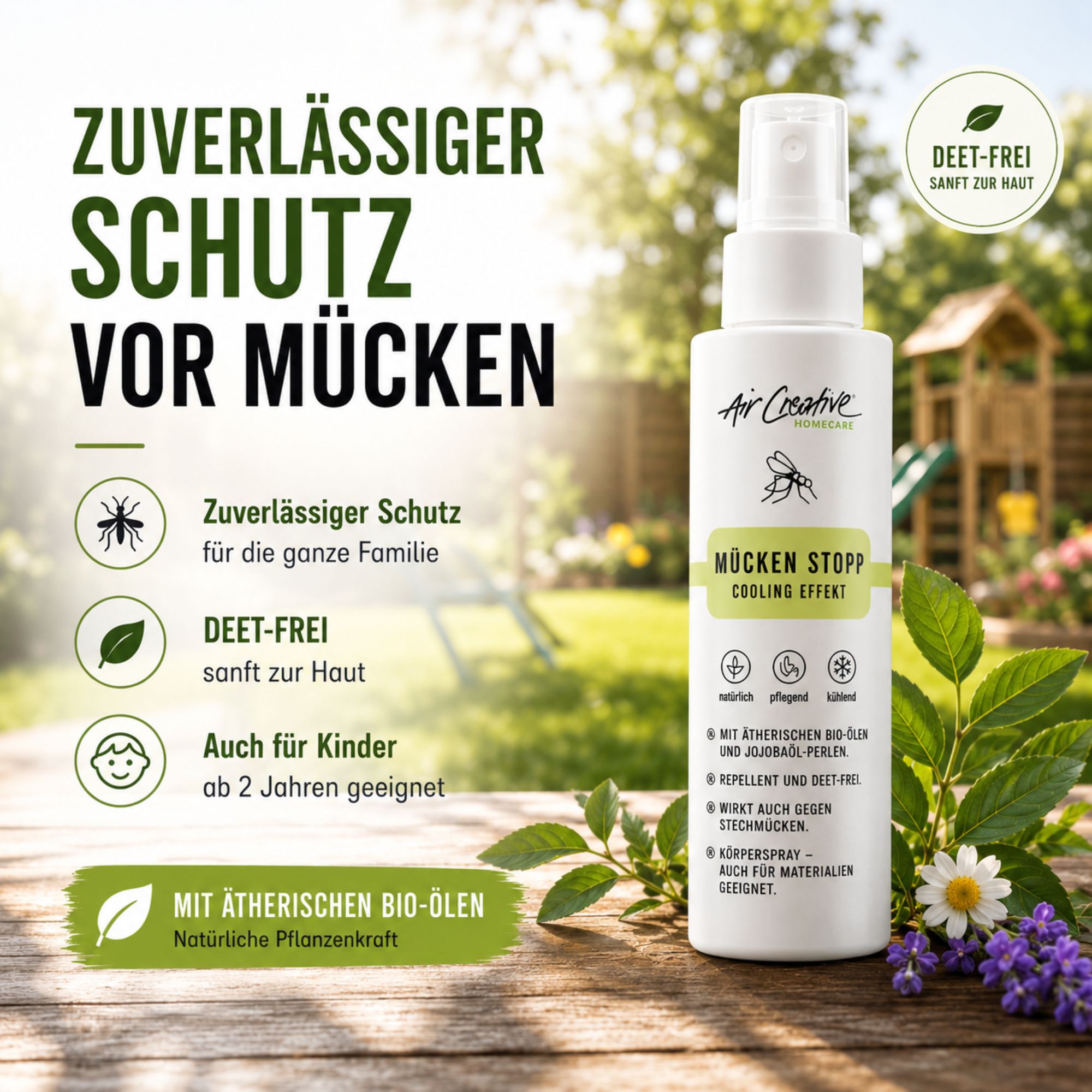 Weißes Körperspray mit Sprühkopf. Text: Mücken Stopp, DEET-frei. Grün umrandet. Hintergrund: Garten mit Text.