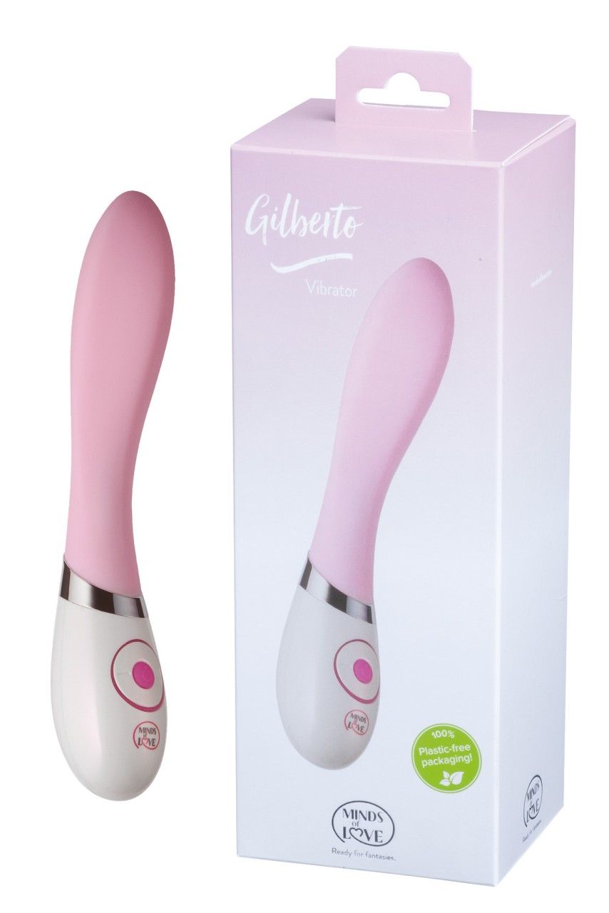 Rosa Vibrator mit weißem Griff und Verpackung. Auf der Verpackung steht "Gilberto".