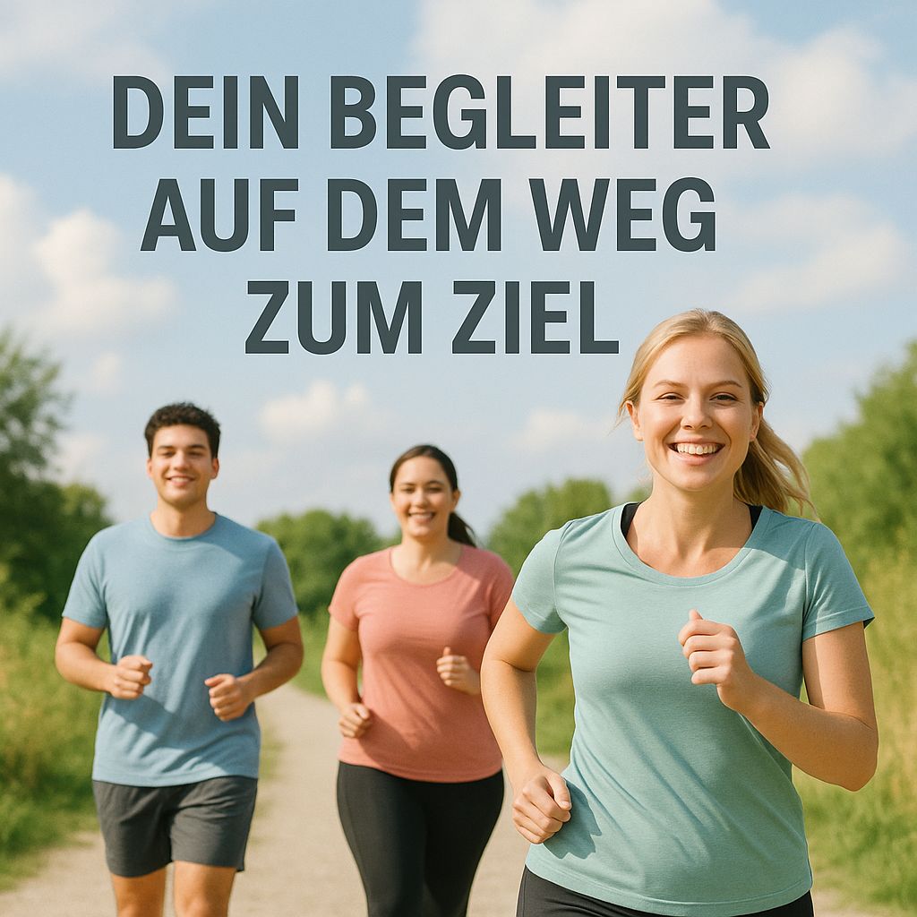 Drei Personen joggen auf einem Weg. Text: Dein Begleiter auf dem Weg zum Ziel. Personen tragen Sportkleidung.