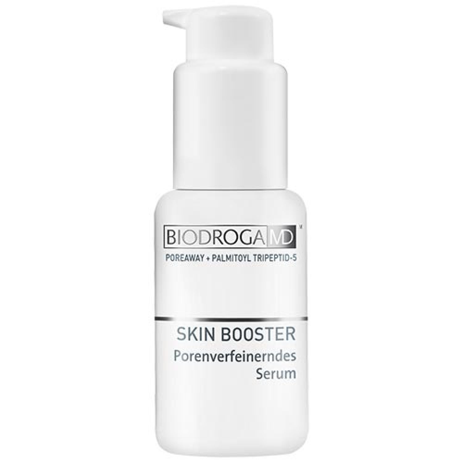 Weiße Flasche mit Pumpe. Aufschrift: BIODROGA MD, SKIN BOOSTER Porenverfeinerndes Serum.