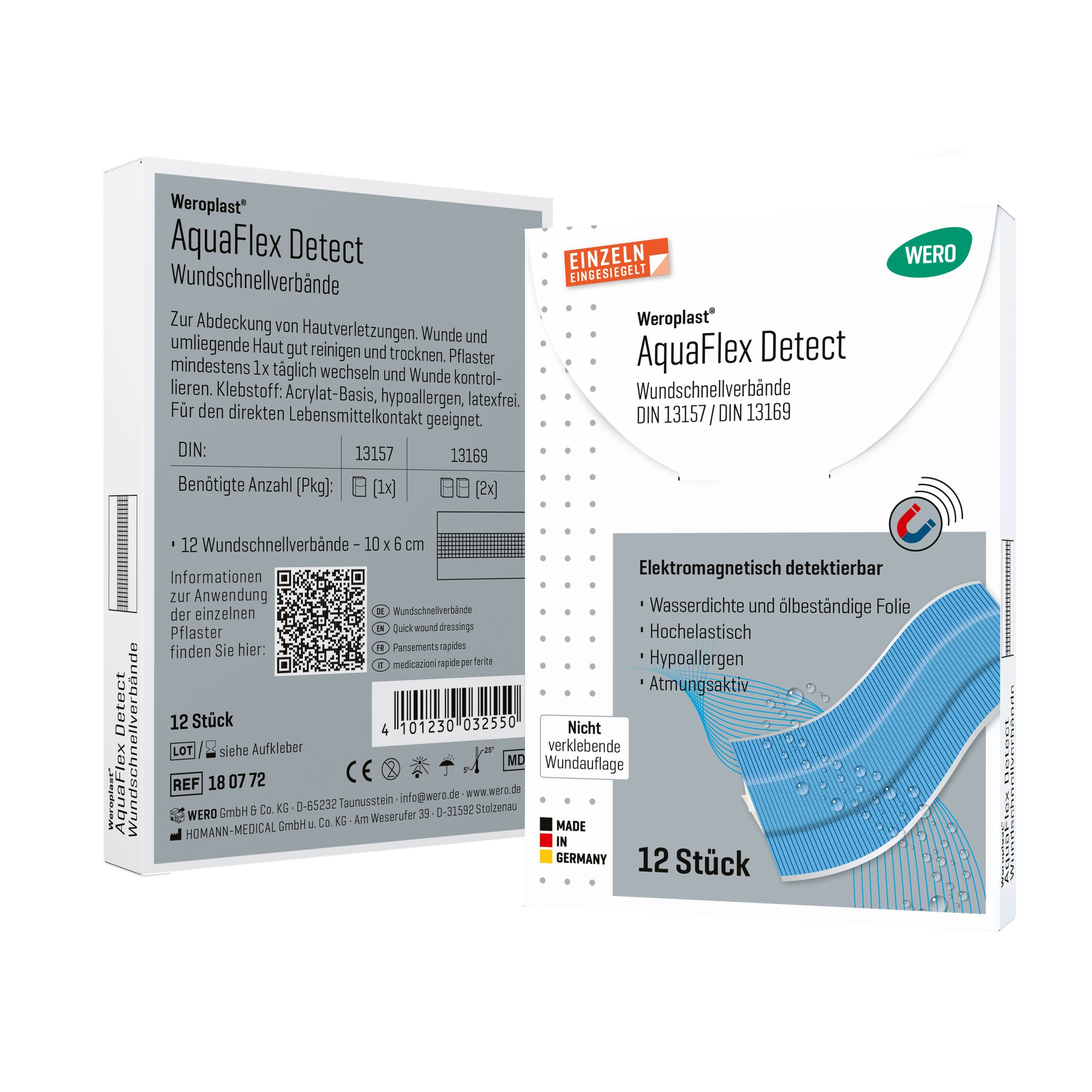 WERO Weroplast AquaFlex Detect Wundschnellverbände Packung. Weiße Verpackung mit Produktinformationen und blauer Bandage-Abbildung.