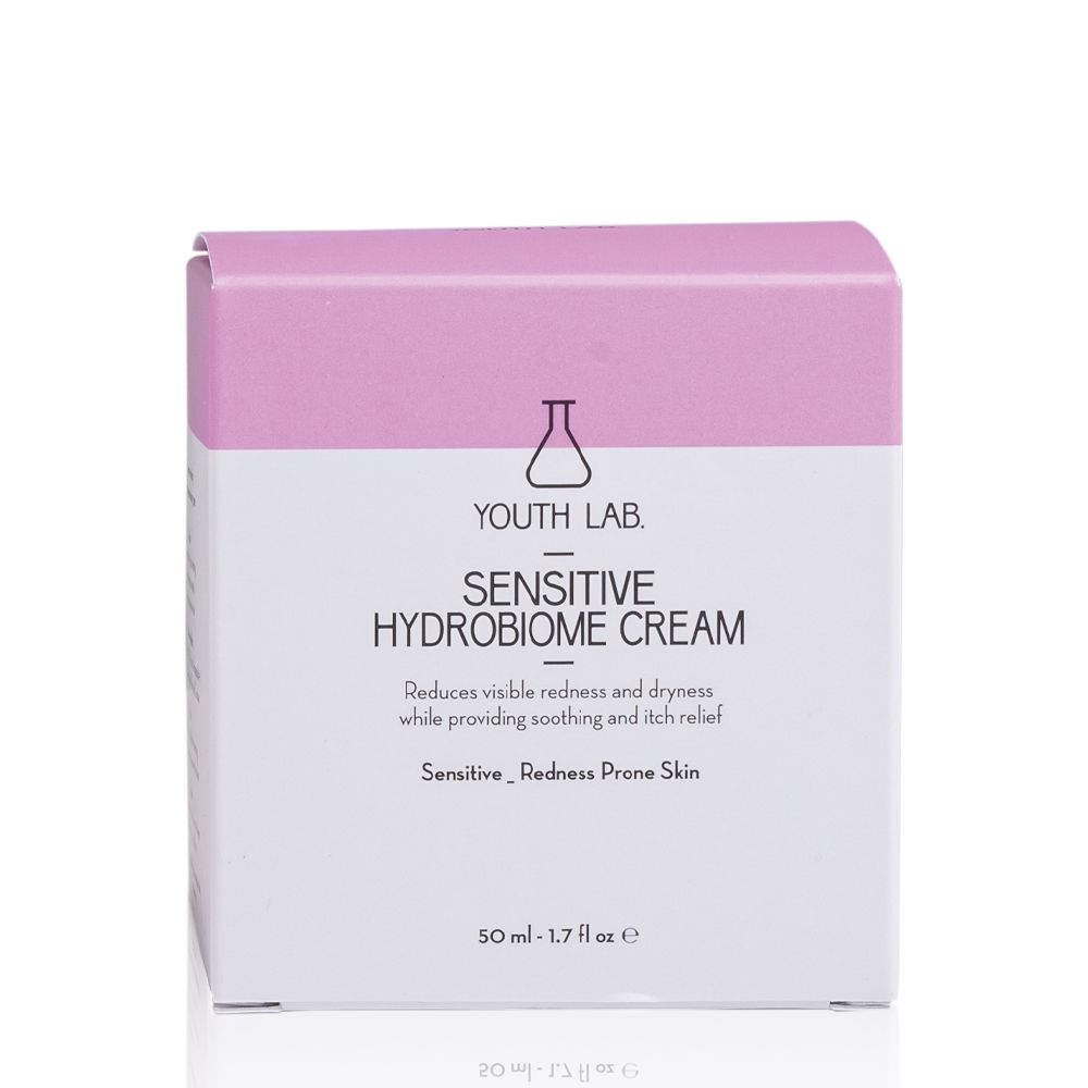 Verpackung mit Aufschrift: YOUTH LAB SENSITIVE HYDROBIOME CREAM. Reduziert Rötungen und Trockenheit. 50 ml.