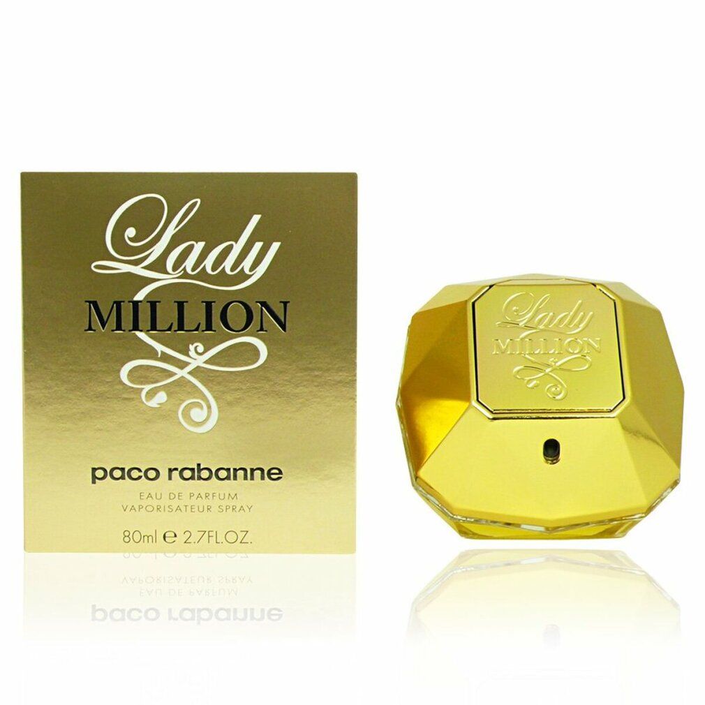 Goldfarbene Flasche und Schachtel von Lady Million. Auf der Schachtel steht paco rabanne. Die Flasche ist diamantförmig.