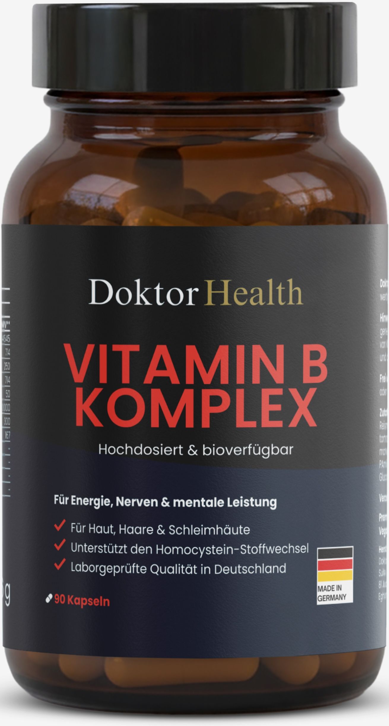 Braune Glasflasche mit Vitamin B Komplex Kapseln. Aufschrift: Doktor Health, Vitamin B Komplex. 90 Kapseln. Made in Germany.