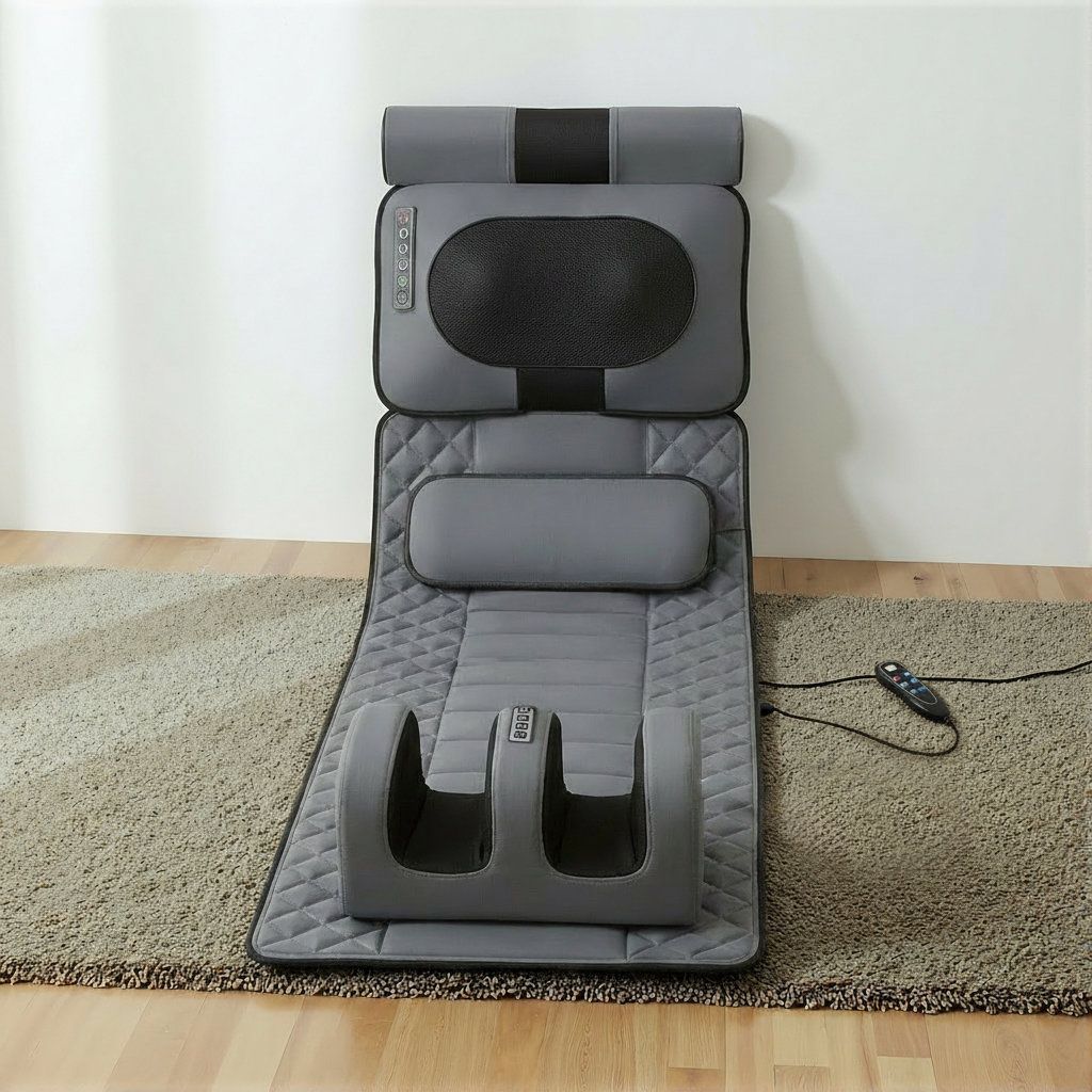 Graue Massagematte mit Kopf-, Rücken- und Fußstütze. Fernbedienung. Auf einem Teppich.