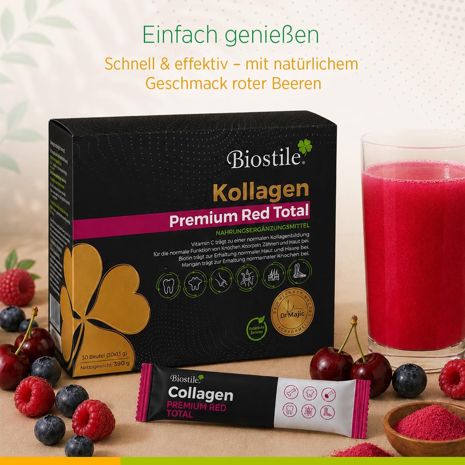 Biostile Collagen Premium Red Total Packung, Beutel, Glas Getränk und Beeren.