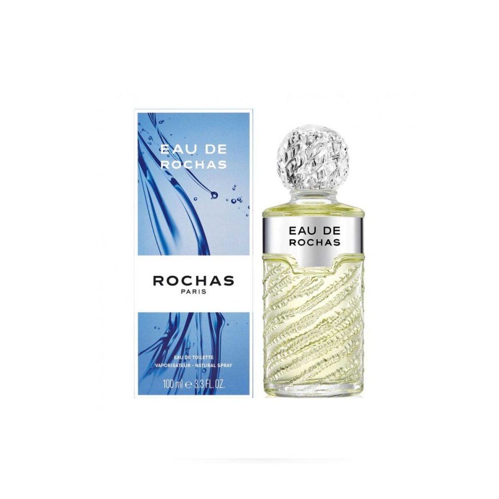 Parfümflasche und Verpackung. Verpackung blau mit Wellenmuster. Flasche mit silbernem Etikett und Schriftzug Eau de Rochas.