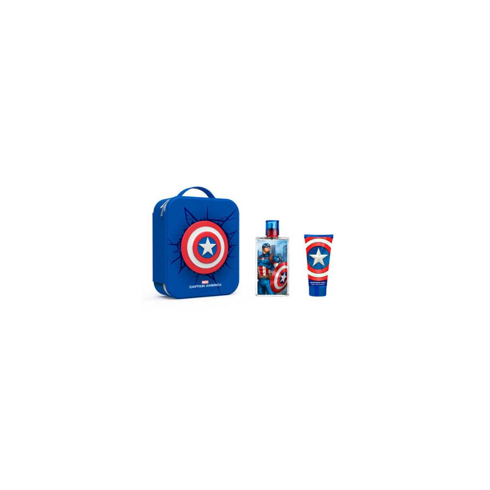 Blaues Set mit Tasche, Flakon und Duschgel. Captain America-Design mit Schild-Motiv. Marvel-Logo.