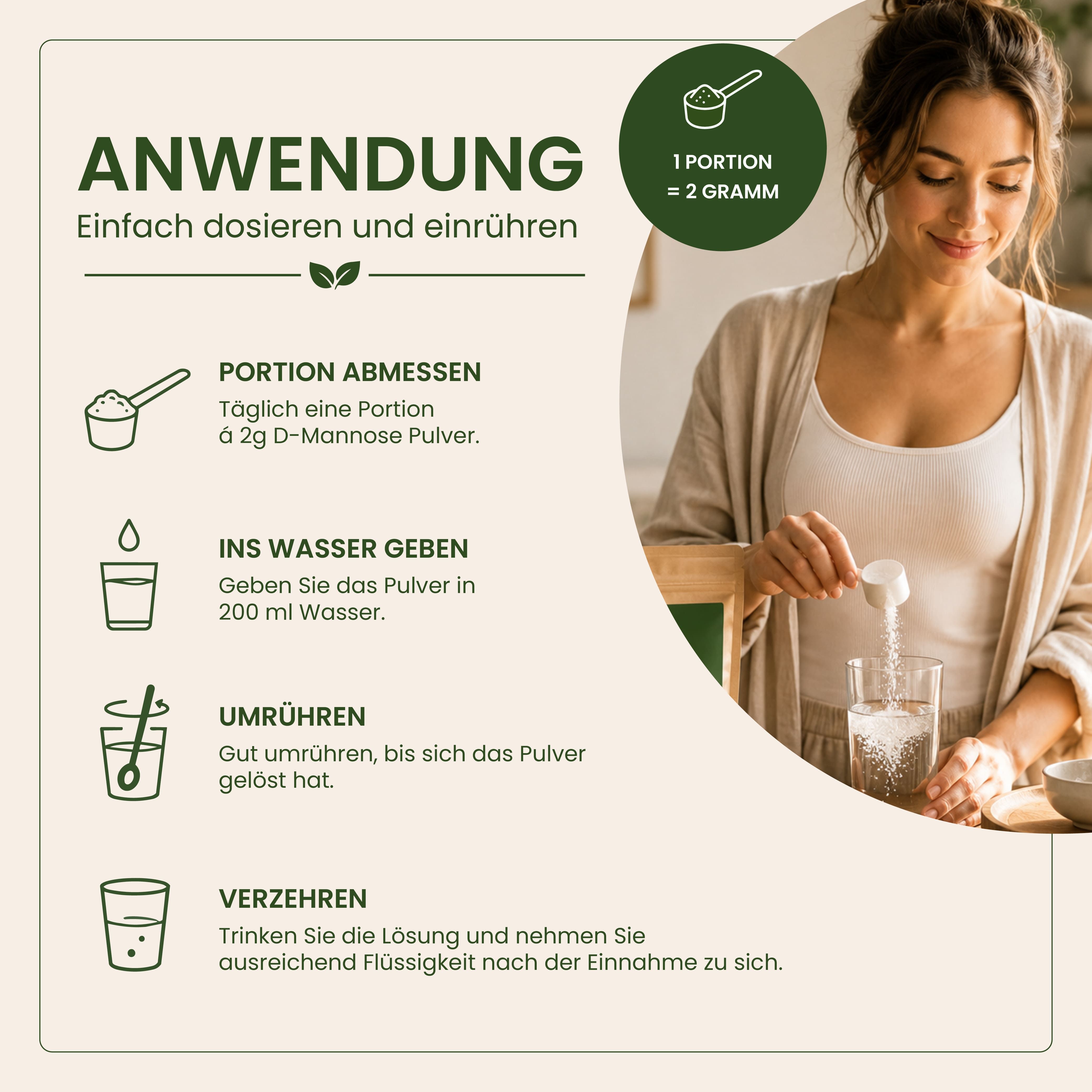 Frau mischt D-Mannose Pulver in ein Glas Wasser.