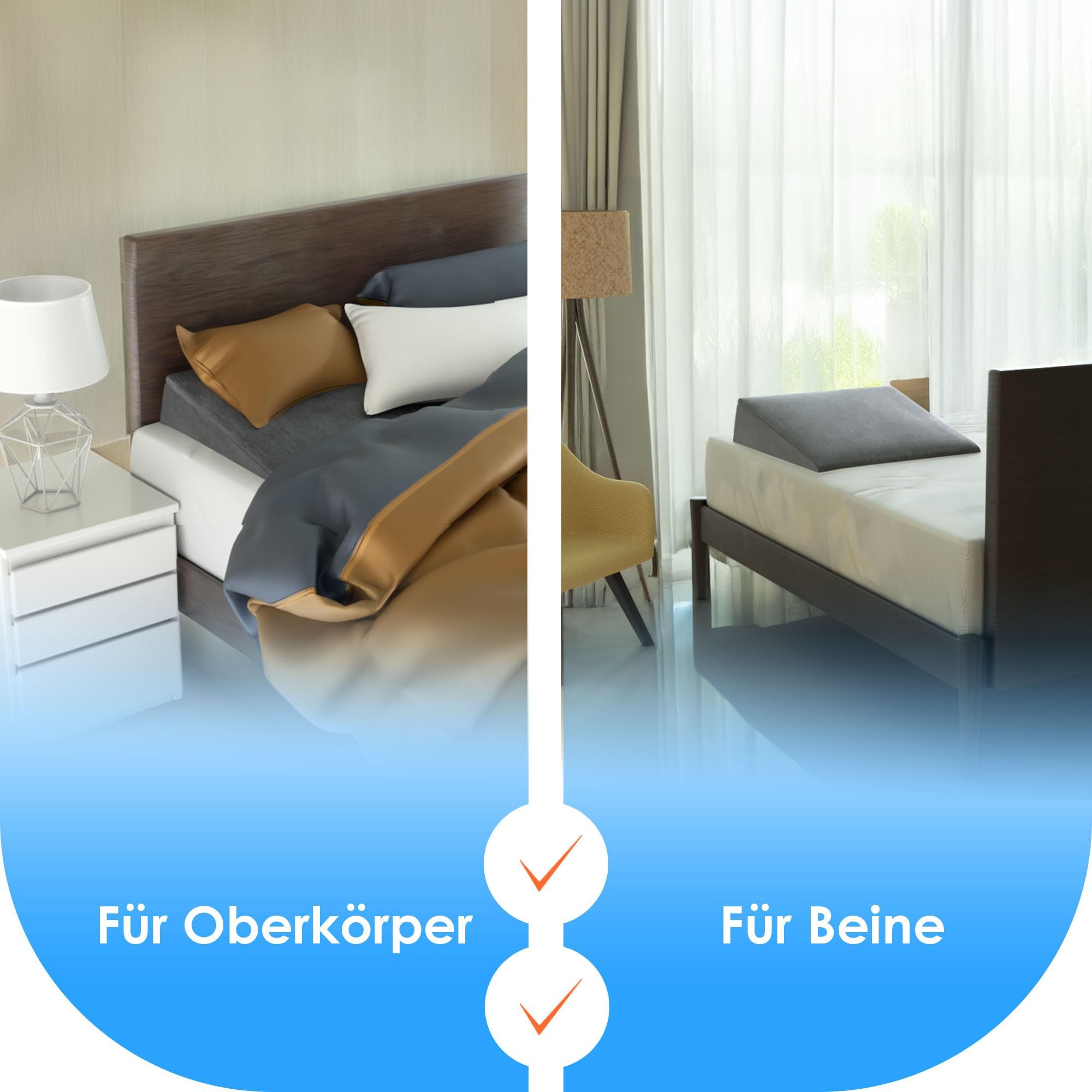 Zwei Betten mit Keilkissen. Text: Für Oberkörper, Für Beine.  DYNMC-YOU Logo.