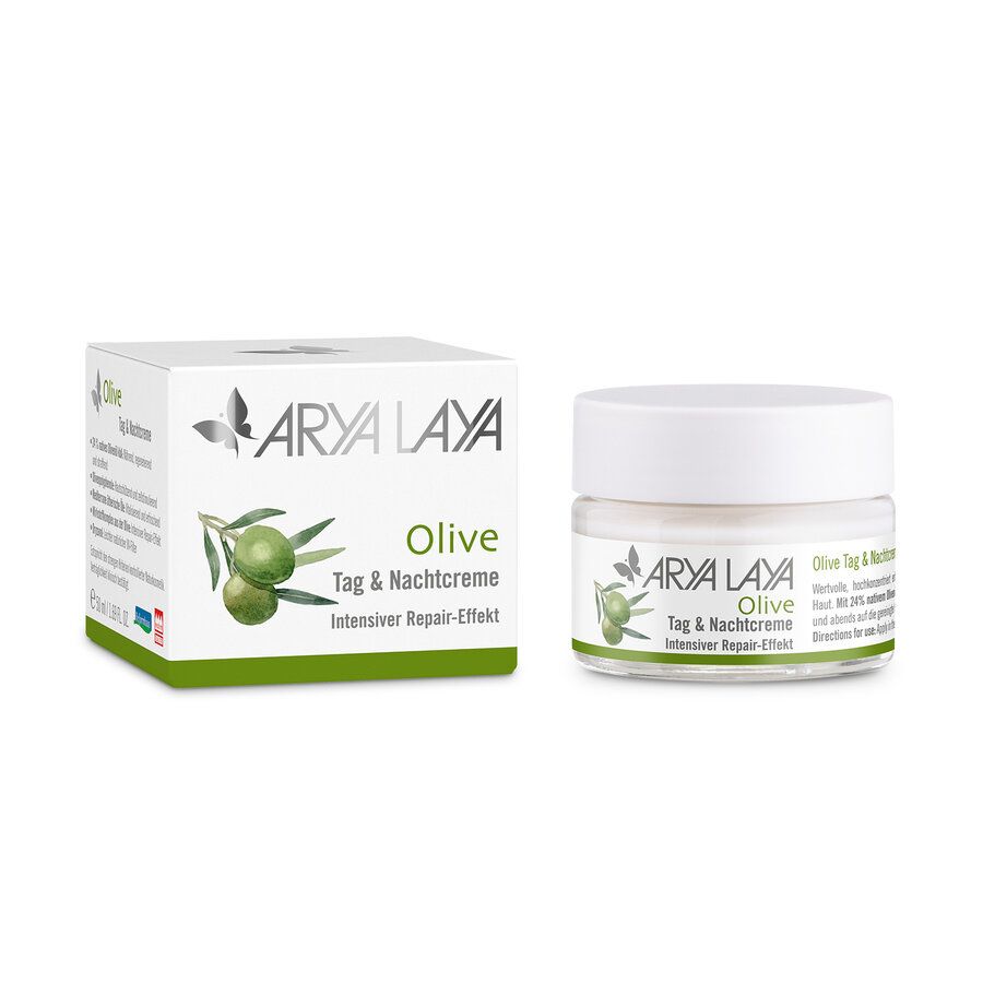Arya Laya Olive Tag & Nachtcreme, 50ml Tiegel und Faltschachtel mit Olivenmotiv.