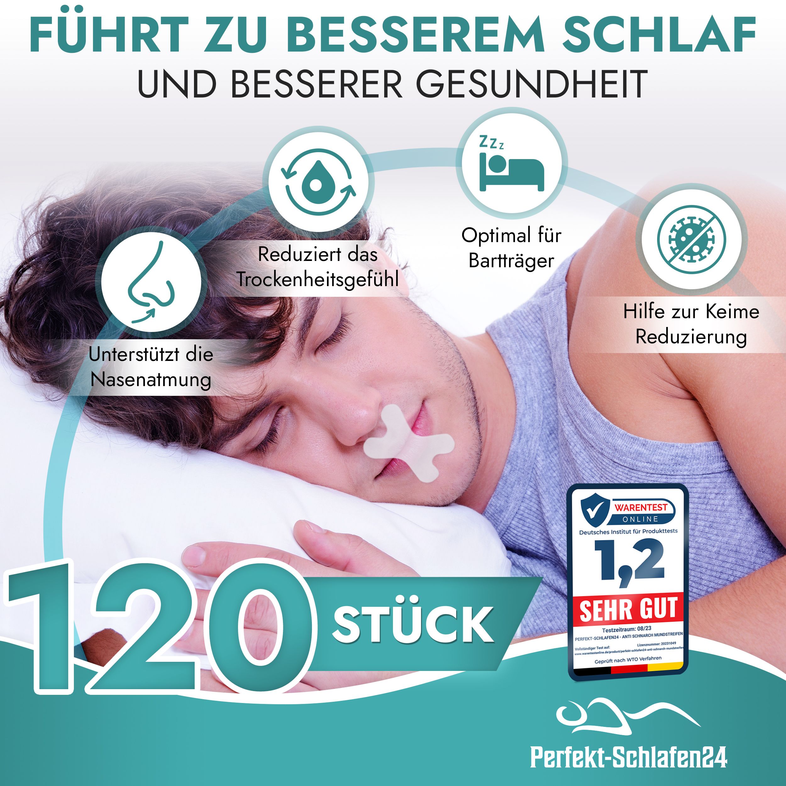 Mann schläft mit Mundpflaster. Vorteile: Nasenatmung, reduziert Trockenheitsgefühl, optimal für Bartträger, reduziert Keime. 120 Stück.