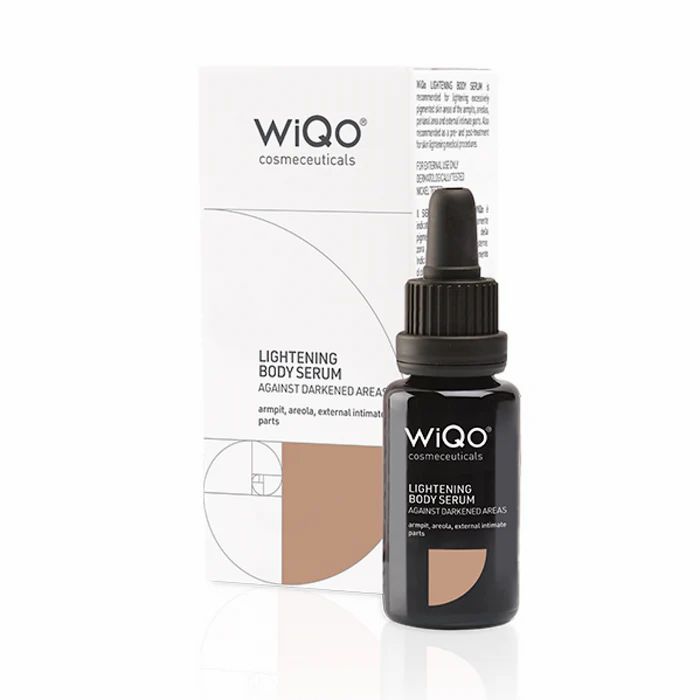 Dunkle Flasche mit Tropfer und Verpackung. Aufschrift: WiQo Lightening Body Serum gegen dunkle Bereiche.